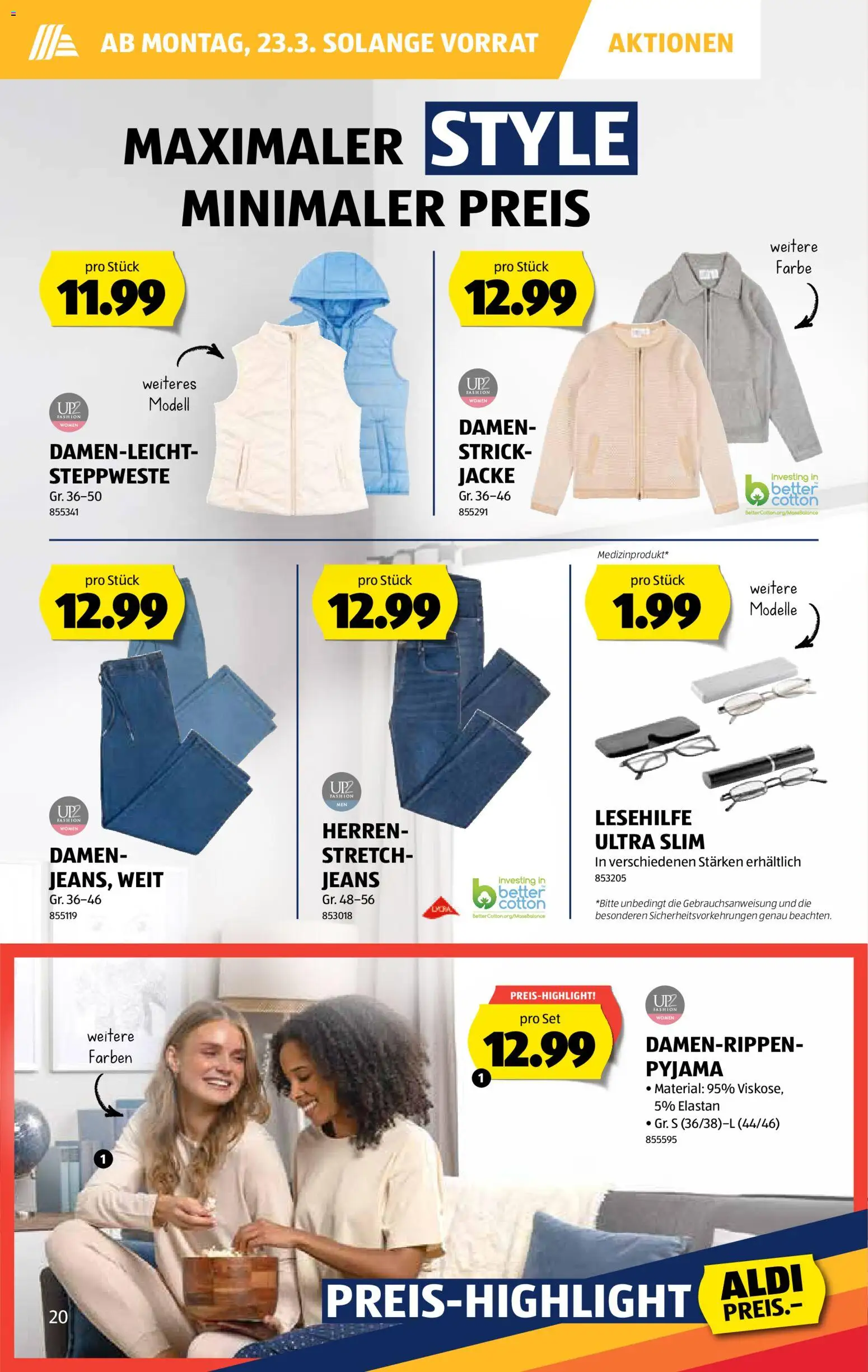 Aldi aktionen – gültig ab 19.03.2026 | Seite: 21 | Produkte: Steppweste, Jacke, Pyjama, Jeans