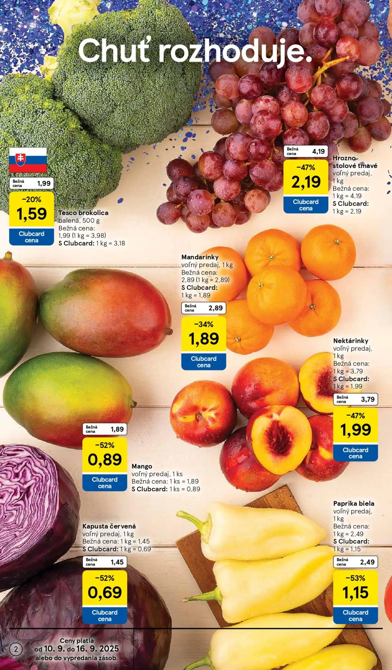 Nové Tesco akcie – leták je platný od 10.09.2025 | Strana: 2 | Produkty: Paprika, Brokolica, Mandarinky, Mango