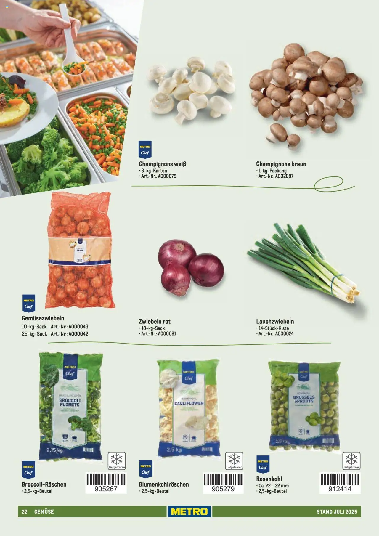 Metro - Sortimentskatalog Lieferservice – gültig ab 31.07.2025 | Seite: 22 | Produkte: Champignons, Zwiebeln, Gemüse