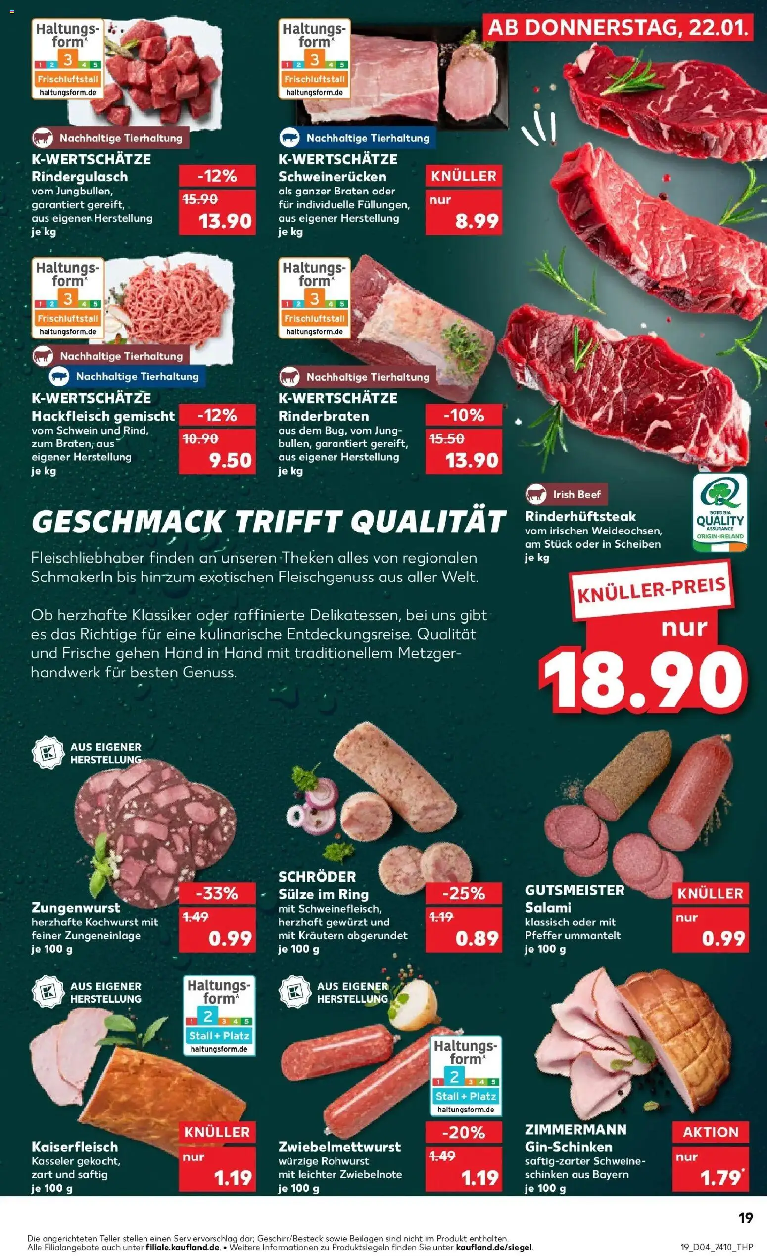 Prospekt Kaufland ab 22.01.2026 » Angebote Online zum Blättern | Seite: 19 | Produkte: Rinderbraten, Schweinerucken, Salami, Schweinefleisch