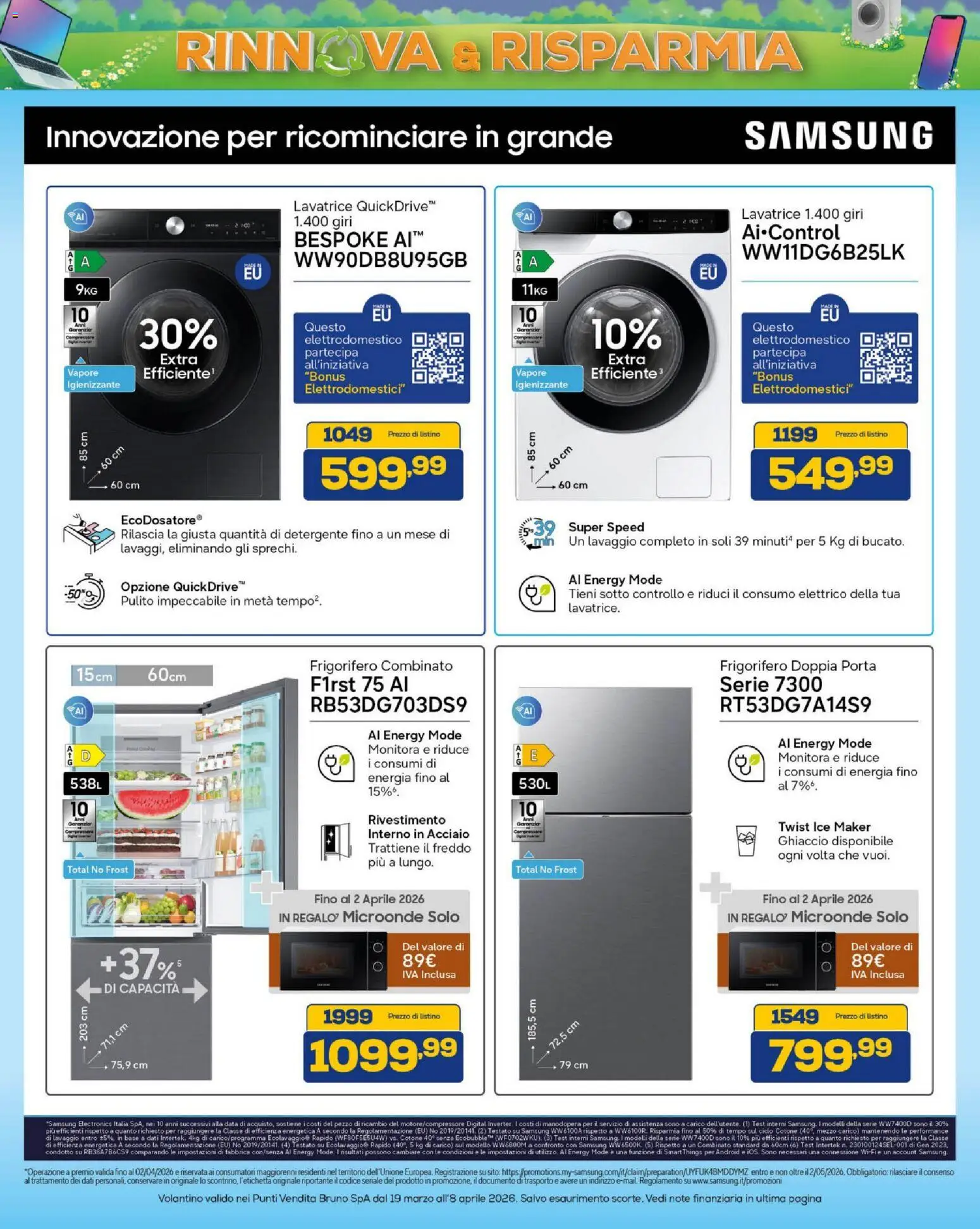 Volantino BRUNO del 19.03.2026 | Pagina: 38 | Prodotti: Microonde, Compressore, Frigorifero combinato, Samsung