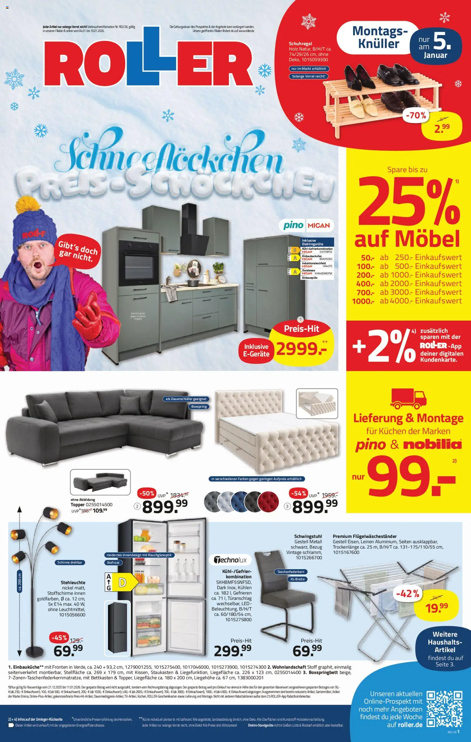 Roller Prospekt 	 – gültig ab 04.01.2026 | Seite: 1 | Produkte: Geschirrspüler, Topper, Schuhregal, Kuchen
