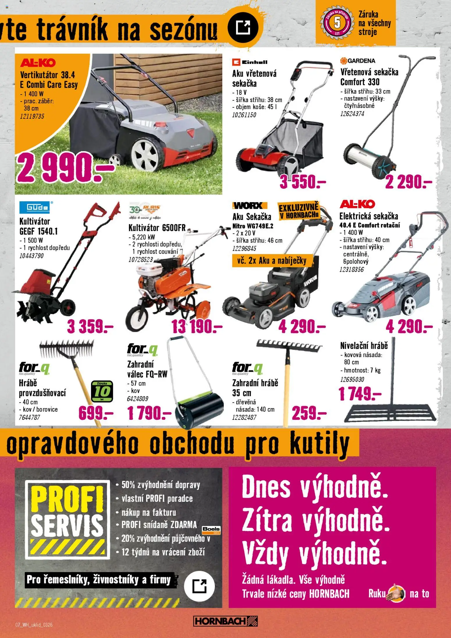 HORNBACH leták - Jarní úklid od 25.03.2026 | Strana: 7 | Produkty: Vertikutátor, Kultivátor, Elektrická sekačka, Hrábě