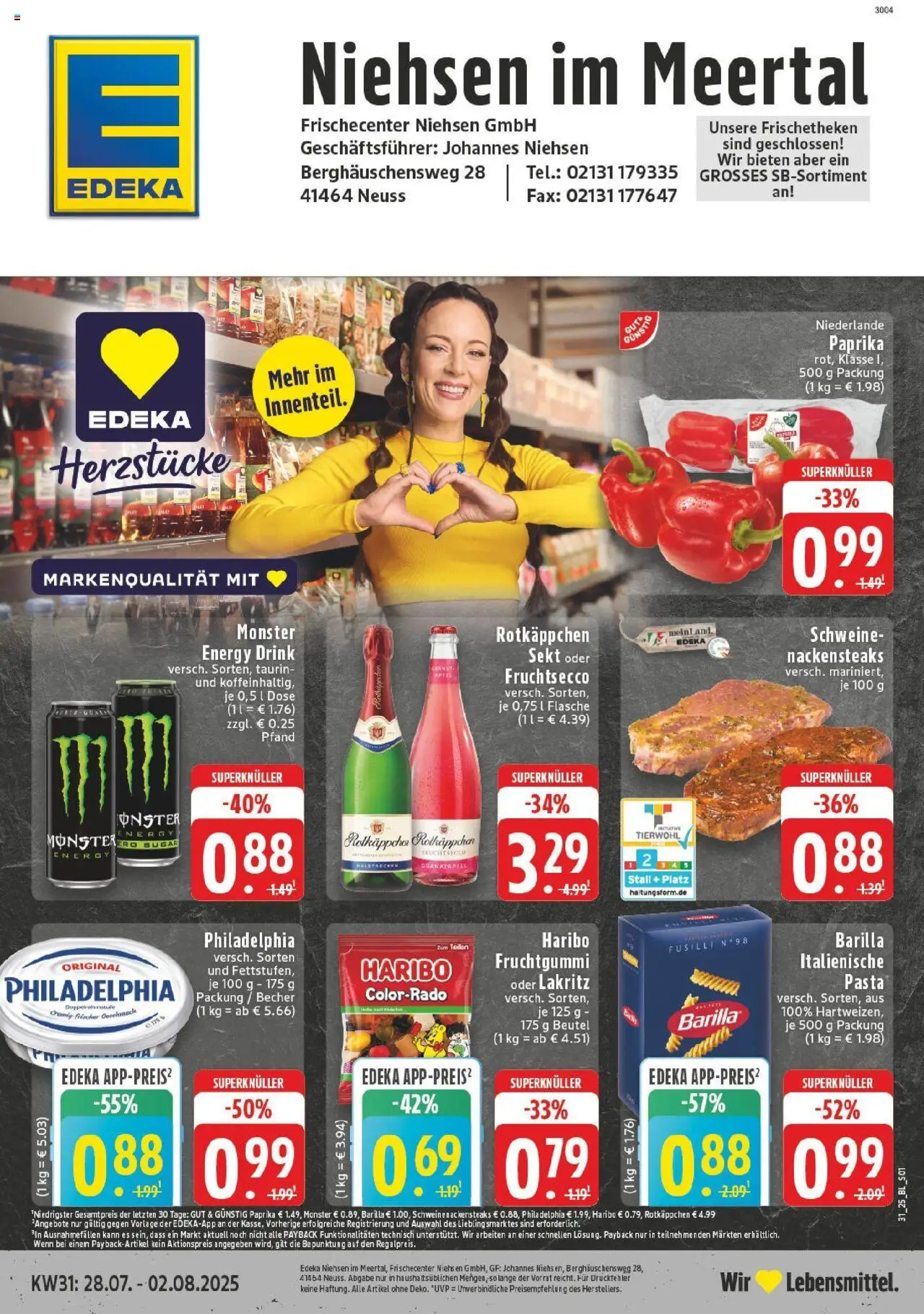 Edeka prospekt Neuss-Meertal	 - gültig ab dem 27.07.2025 | Seite: 1 | Produkte: Nackensteaks, Granatapfel, Barilla, Pasta