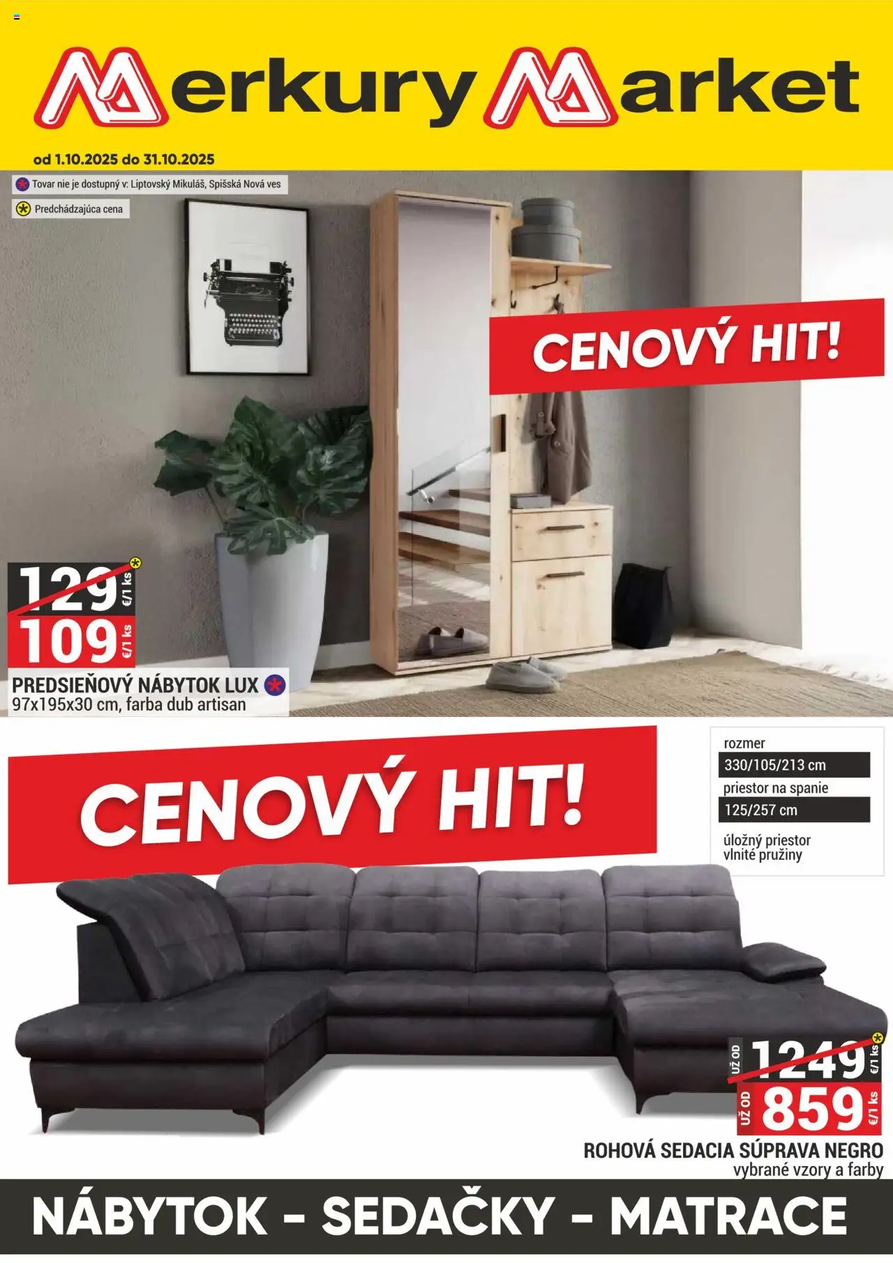 Nové Merkury Market akcie – leták je platný od 01.10.2025 | Strana: 1 | Produkty: Matrace, Nábytok, Rohová sedacia súprava, Sedacia súprava