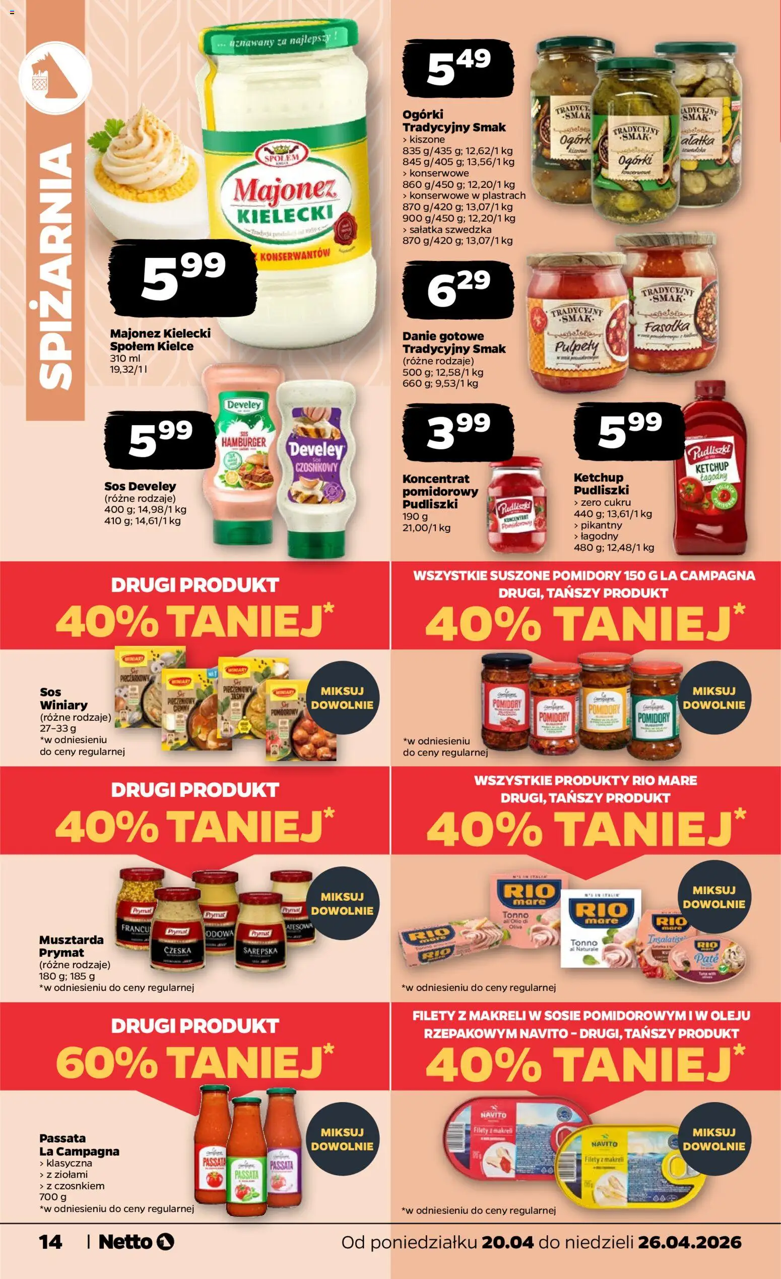 Netto gazetka od poniedziałku spożywcza od 20.04.2026 | Strona: 14 | Produkty: Sałatka szwedzka, Pomidory, Ogórki, Sos