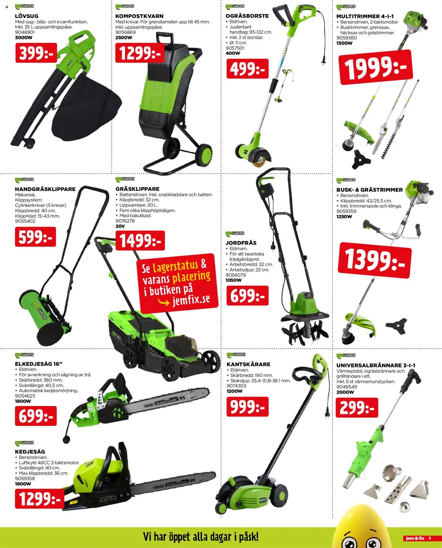Jem & Fix reklamblad aktuell från 30.03.2026 | Sida: 9 | Produkter: Grästrimmer, Grilltändare, Jordfräs, Lövsug