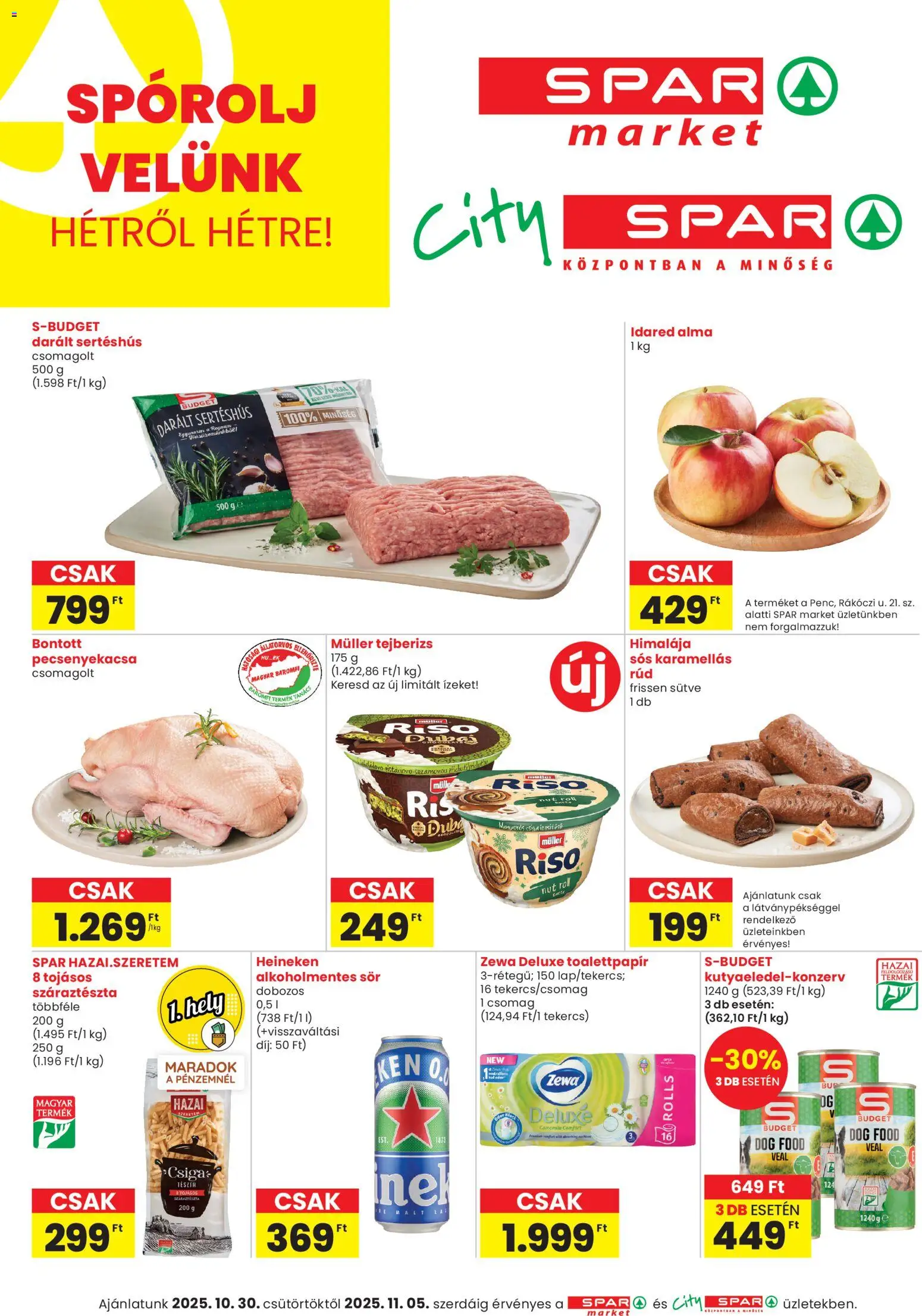 Spar akciós ujság - amely érvényes a következő dátumtól: 30.10.2025 | Oldal: 1 | Termékek: Heineken, Pecsenyekacsa, Sertéshús, Alkoholmentes sör