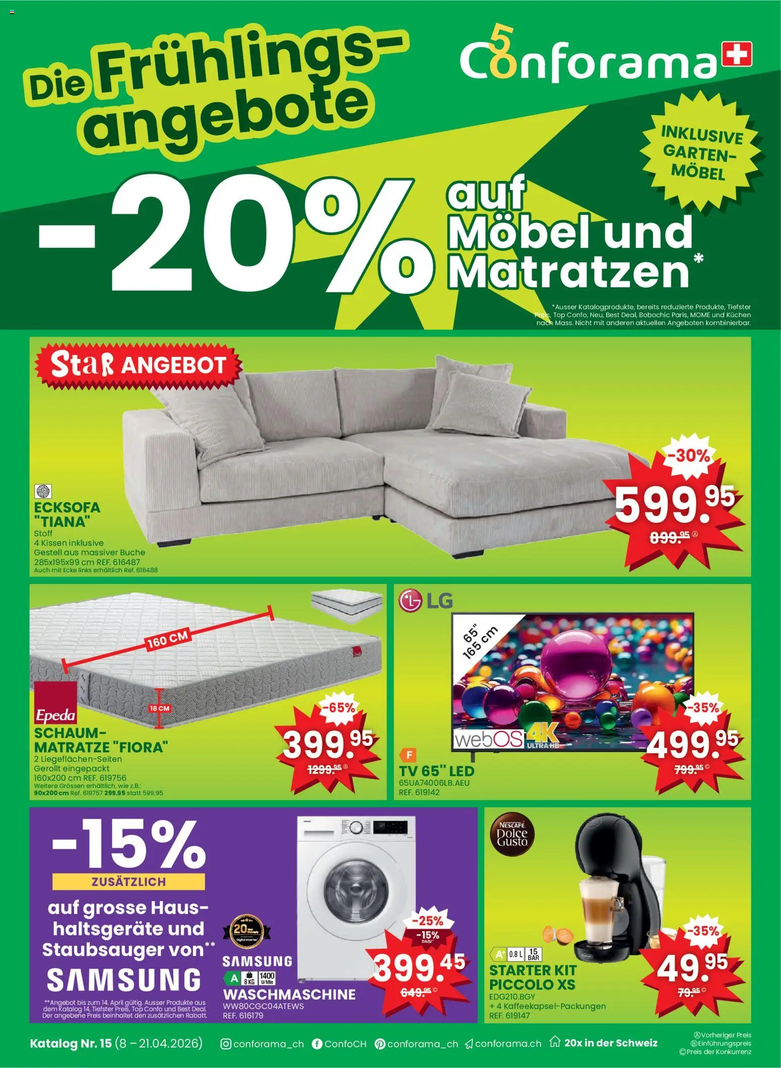 Conforama aktionen – gültig ab 08.04.2026 | Seite: 1 | Produkte: Kissen, Samsung, Ecksofa, Staubsauger