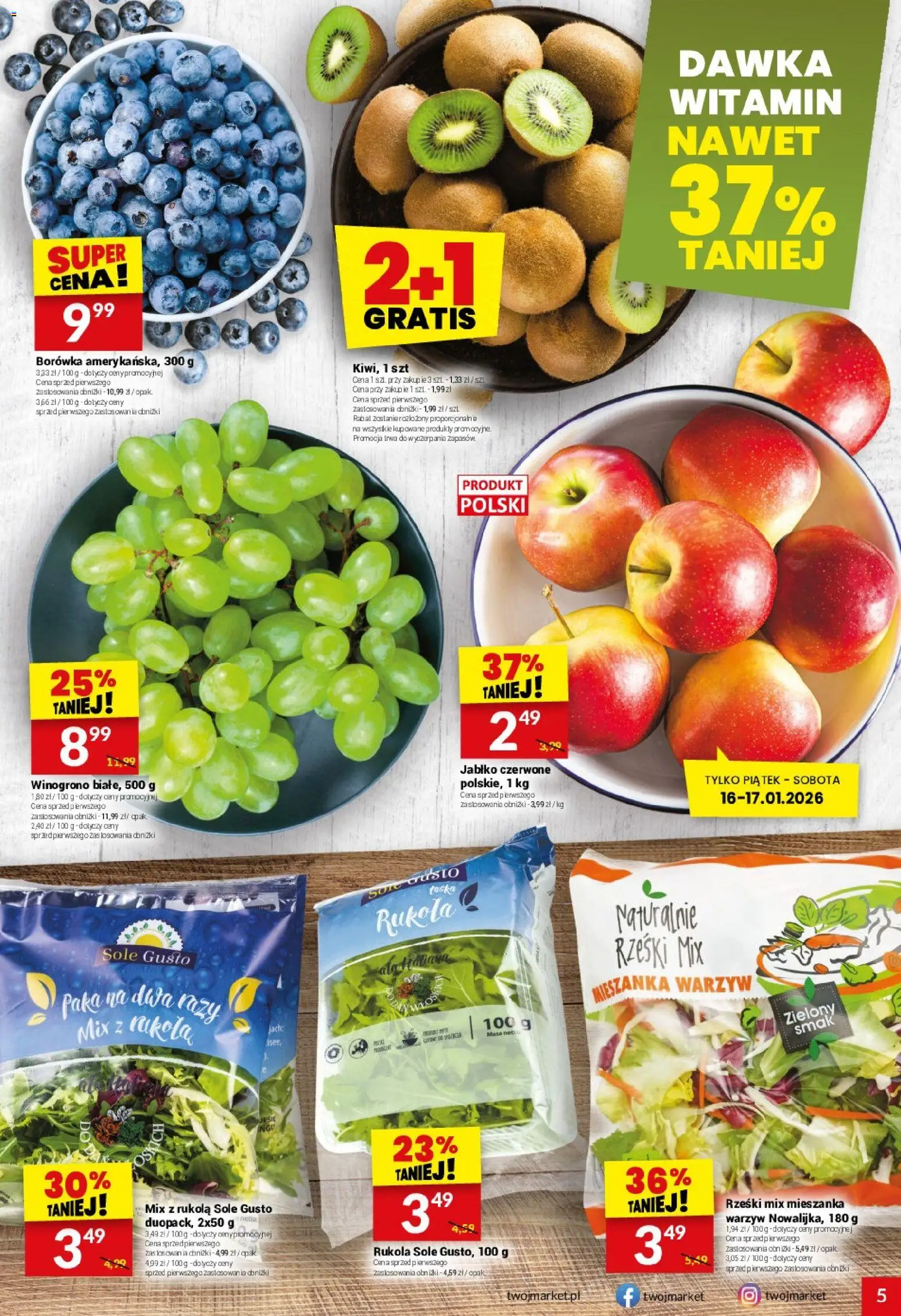 Twój Market Gazetka od 14.01.2026 | Strona: 5 | Produkty: Winogrono, Rukola, Mieszanka warzyw