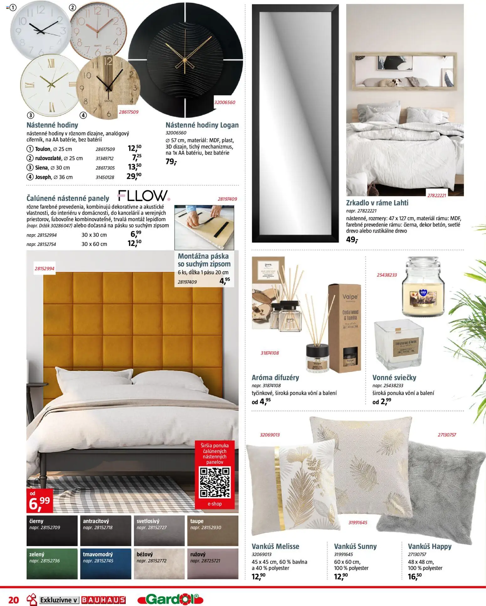 Nové Bauhaus akcie – leták je platný od 09.02.2026 | Strana: 20 | Produkty: Panely, Vankúš, Zrkadlo, Nástenne hodiny