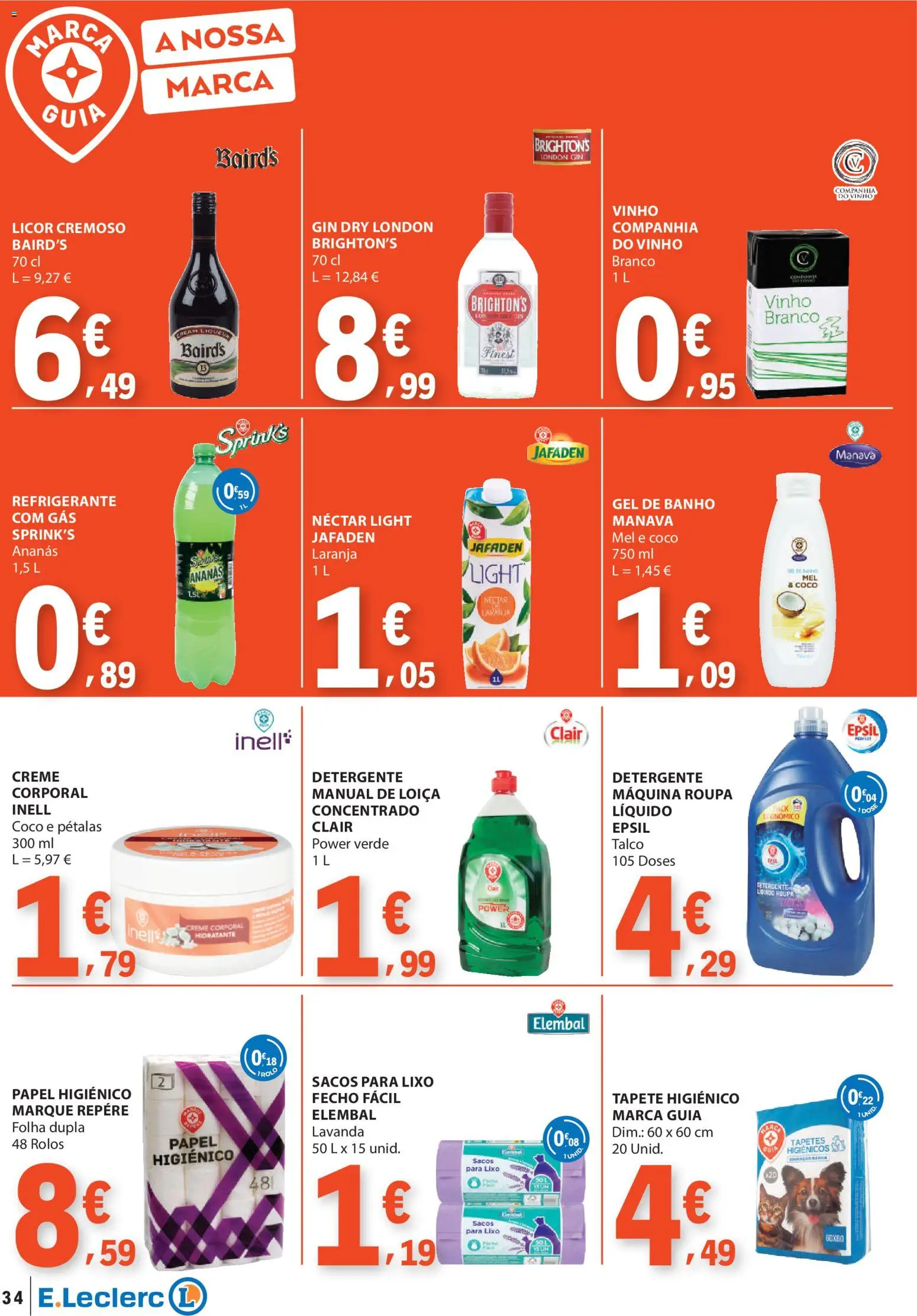 E.Leclerc folheto │ válido de 22.01.2026 | Página: 34 | Produtos: Papel higiénico, Gel de banho, Licor, Vinho