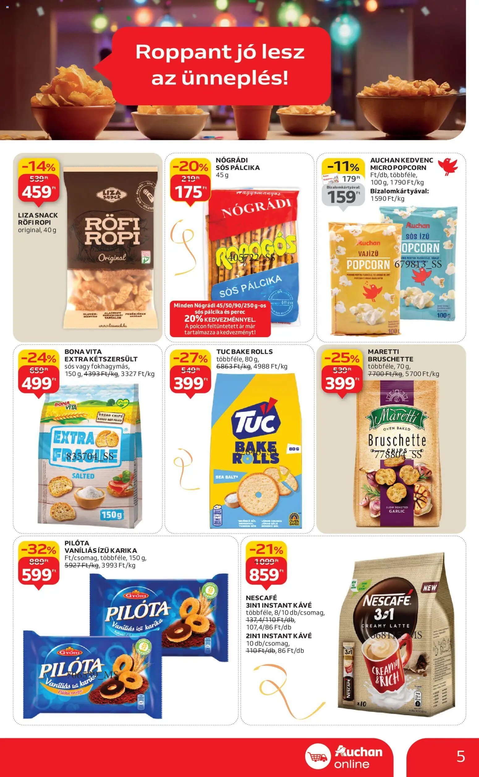 Auchan akciós ujság - amely érvényes a következő dátumtól: 27.12.2025 | Oldal: 5 | Termékek: Sós pálcika, Popcorn, Ropi, Instant kávé