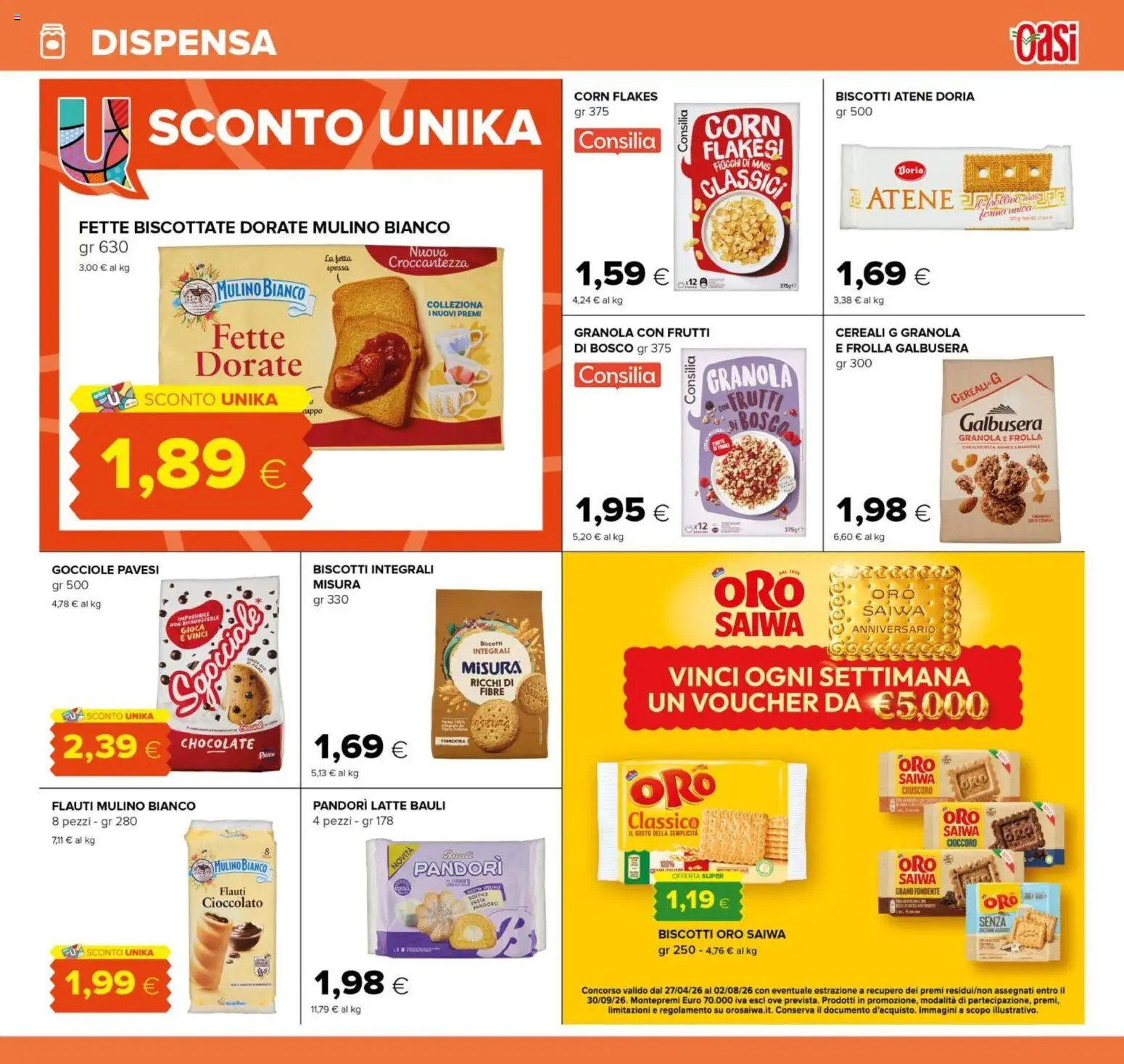 Volantino Oasi del 22.04.2026 | Pagina: 15 | Prodotti: Biscotti, Pasta, Mais, Fette biscottate