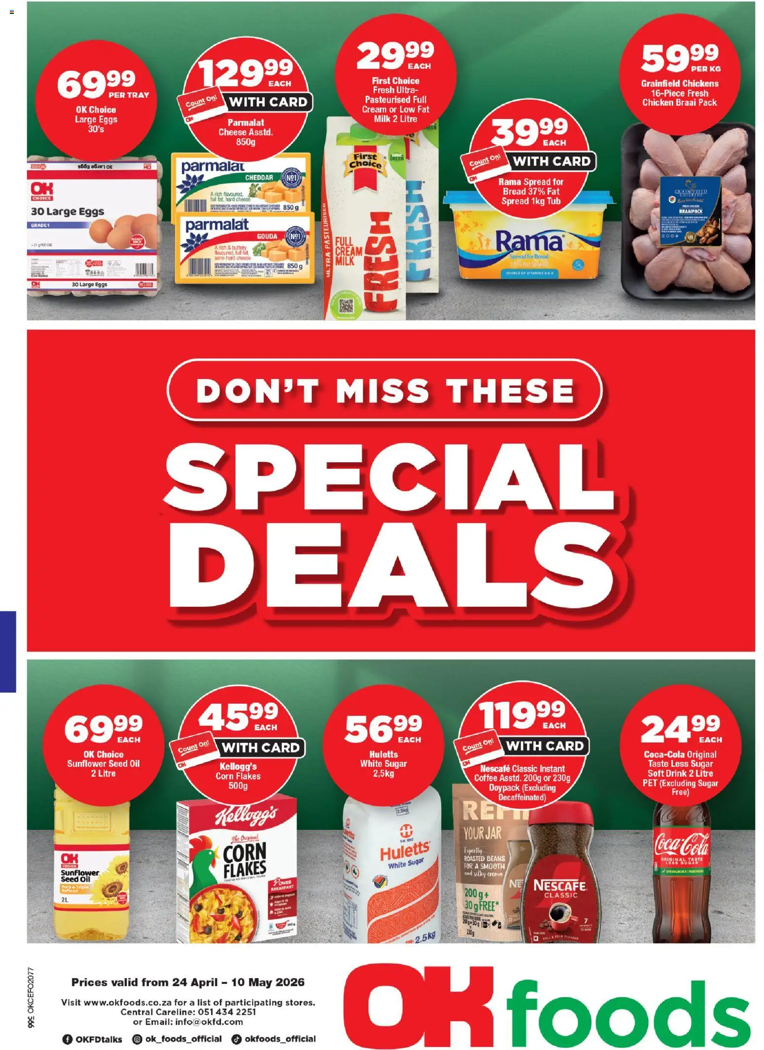 New OK Foods catalogue – valid from 24.04.2026 | Page: 1 | Products: Tray, Cheese, Oil, Coffee