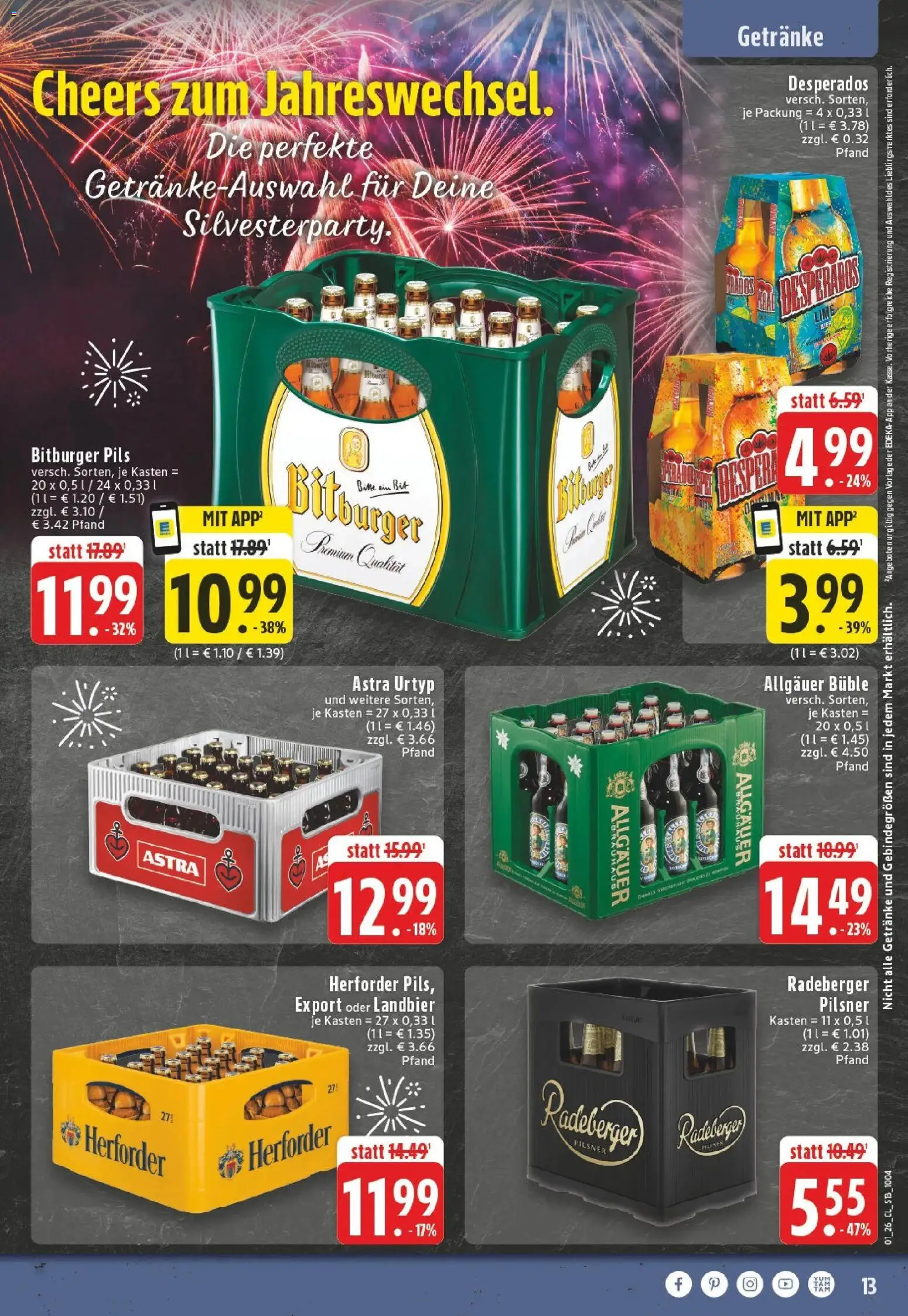 Edeka prospekt Versmold	 – gültig ab 28.12.2025 | Seite: 13 | Produkte: Bitburger, Astra, Desperados, Radeberger pilsner