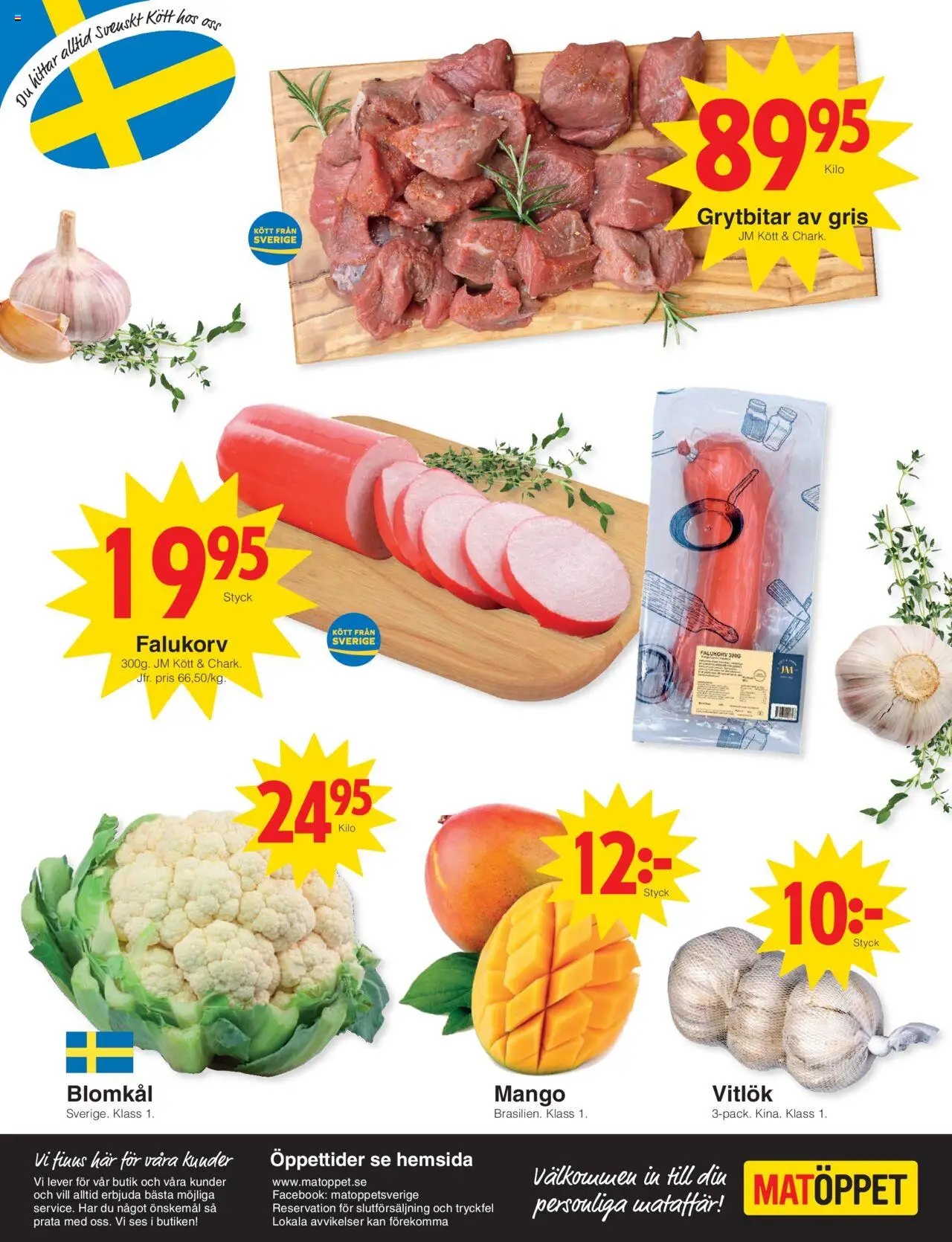 Matöppet reklamblad aktuell från 06.10.2025 | Sida: 4 | Produkter: Falukorv, Vitlök, Blomkål, Mango