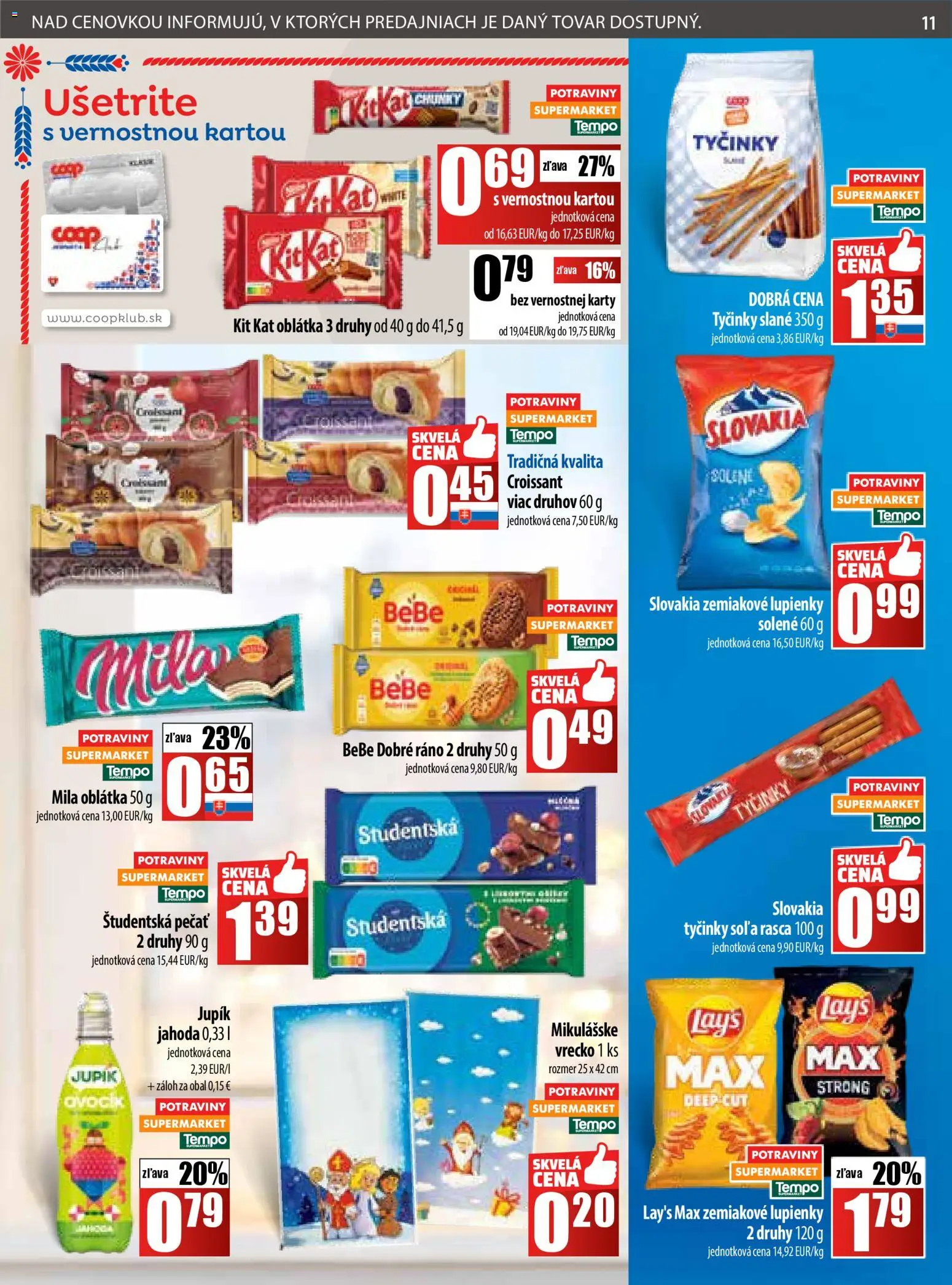 Nové COOP Jednota akcie – leták je platný od 20.11.2025 | Strana: 11 | Produkty: BeBe Dobré ráno, Croissant, Študentská pečať, Mila