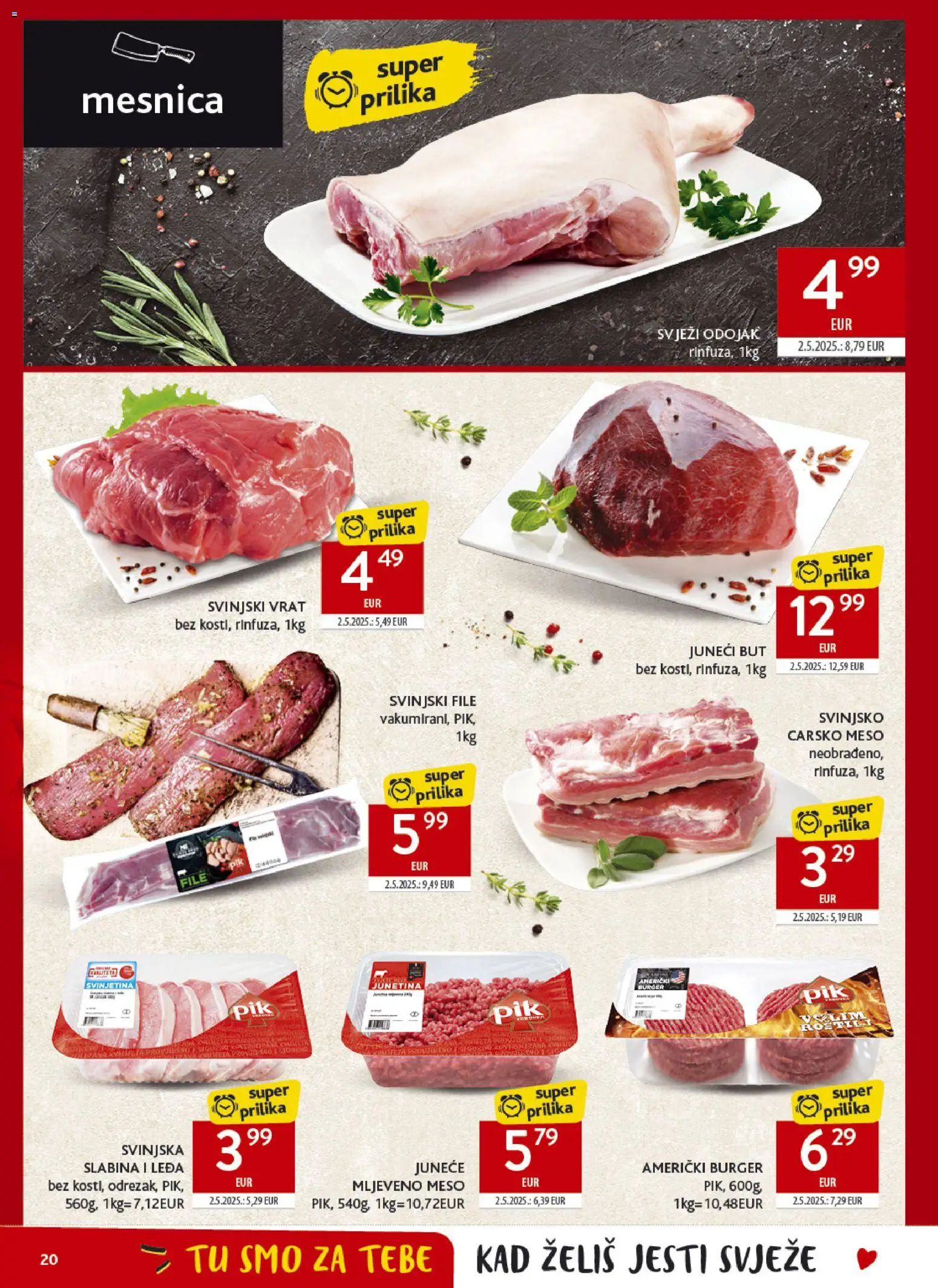 Konzum katalog | vrijedi od 15.04.2026 | Stranica: 20 | Proizvodi: Juneći but, Svinjski vrat, Meso, Junetina