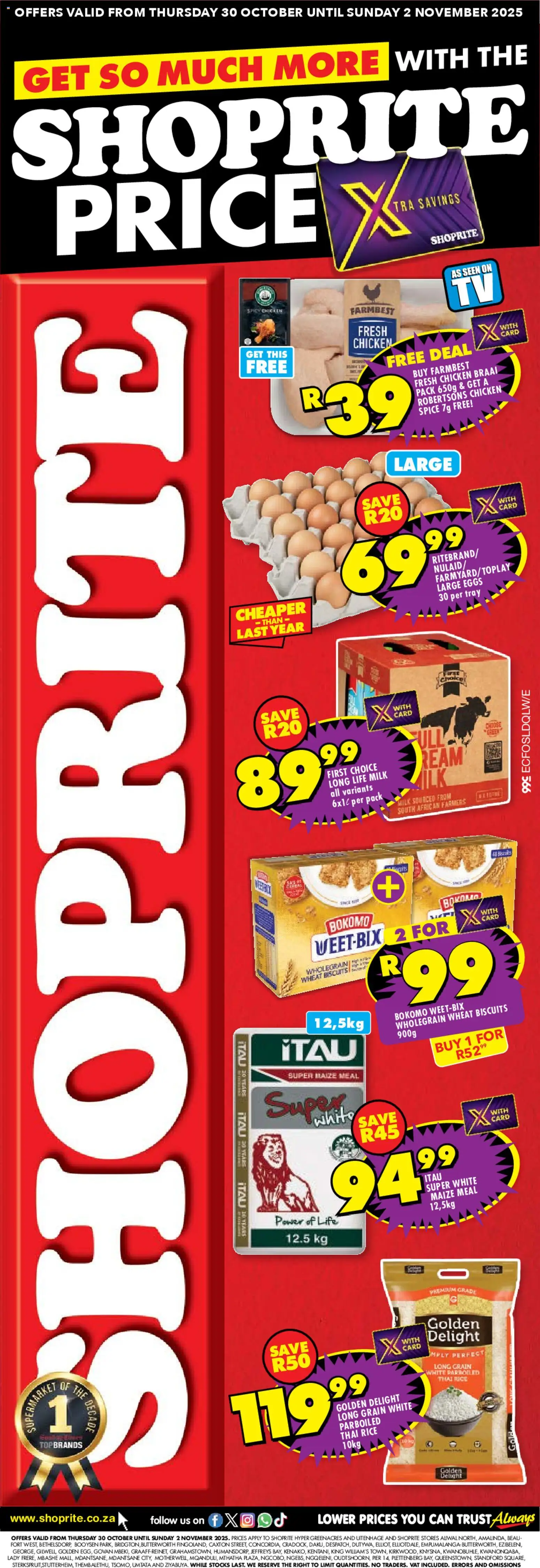 New Shoprite catalogue – valid from 30.10.2025 | Page: 1 | Products: Tray, Maize meal, Milk, Chicken