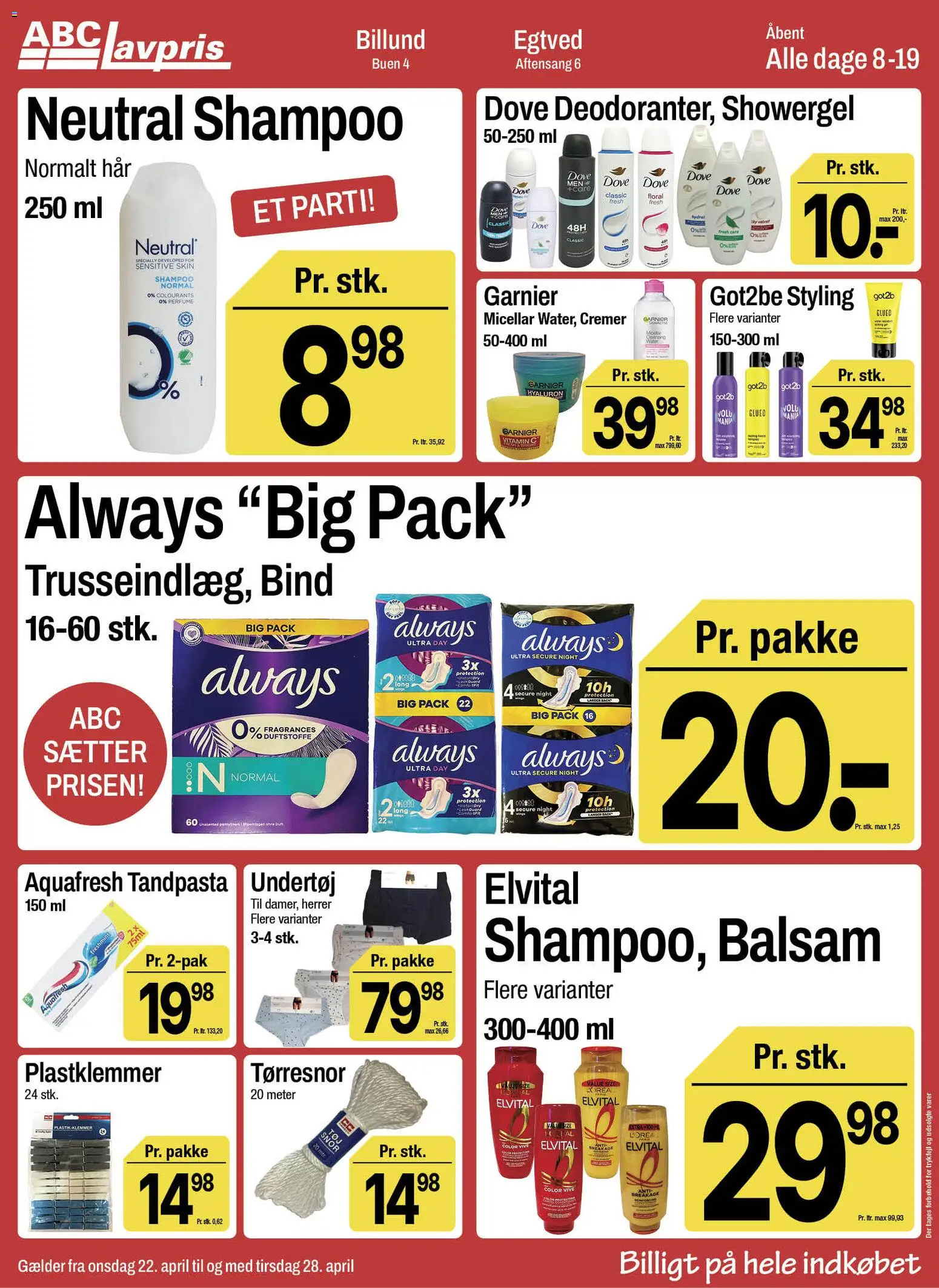 Abc Lavpris tilbudsavis – gyldig fra 22.04.2026 | Side: 11 | Produkter: Shampoo, Balsam, Tandpasta, Undertøj