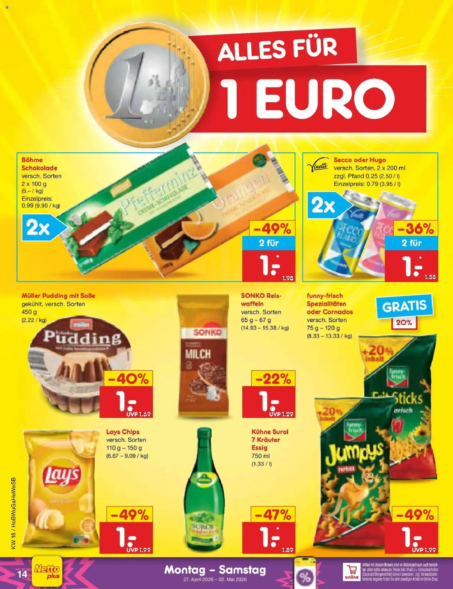 Netto Marken-Discount Prospekt Bremen-Lesum	 – gültig ab 27.04.2026 | Seite: 16 | Produkte: Schokolade, Essig, Waffeln, Hugo