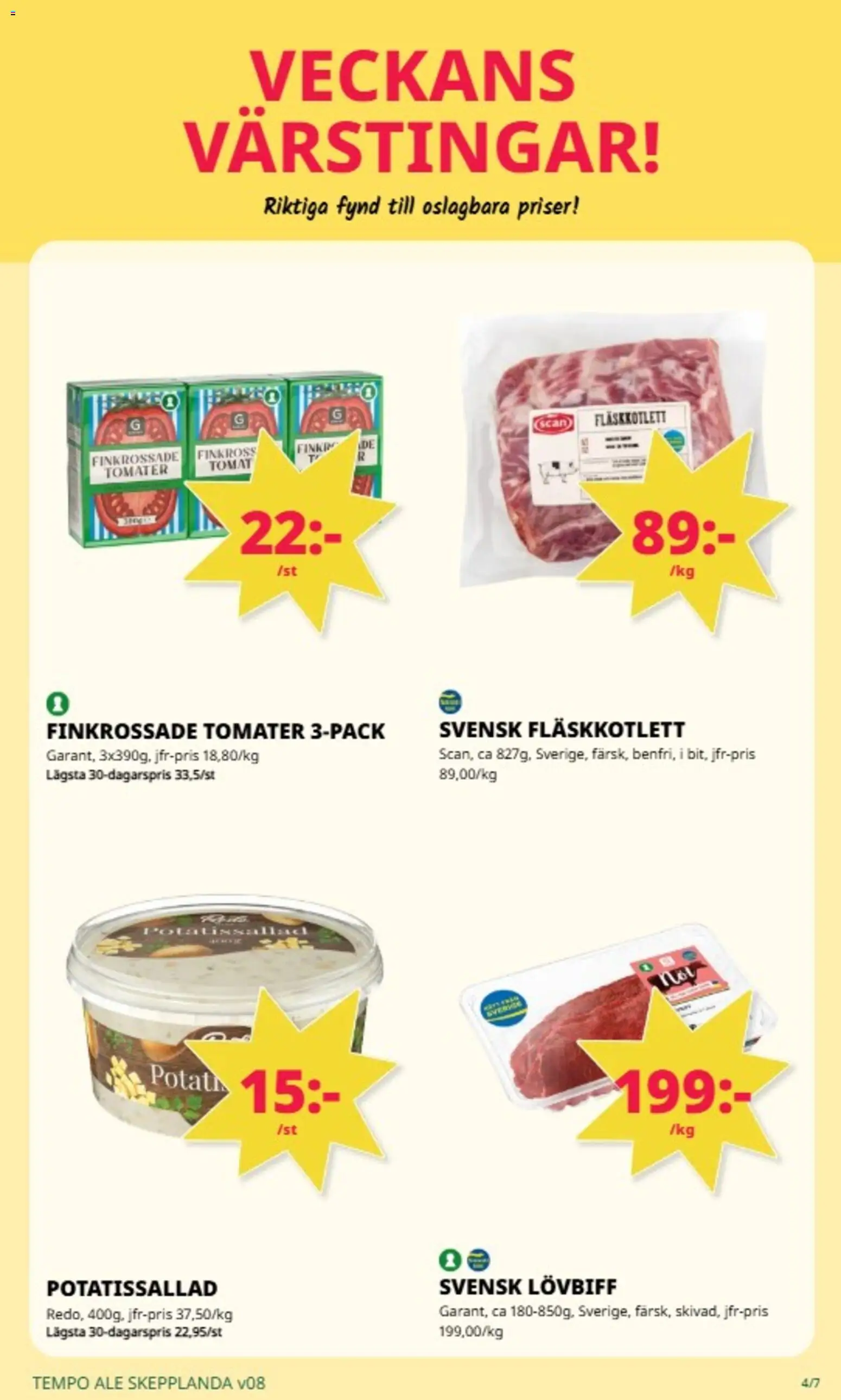 Tempo reklamblad aktuell från 16.02.2026 | Sida: 4 | Produkter: Potatissallad, Lövbiff, Tomater
