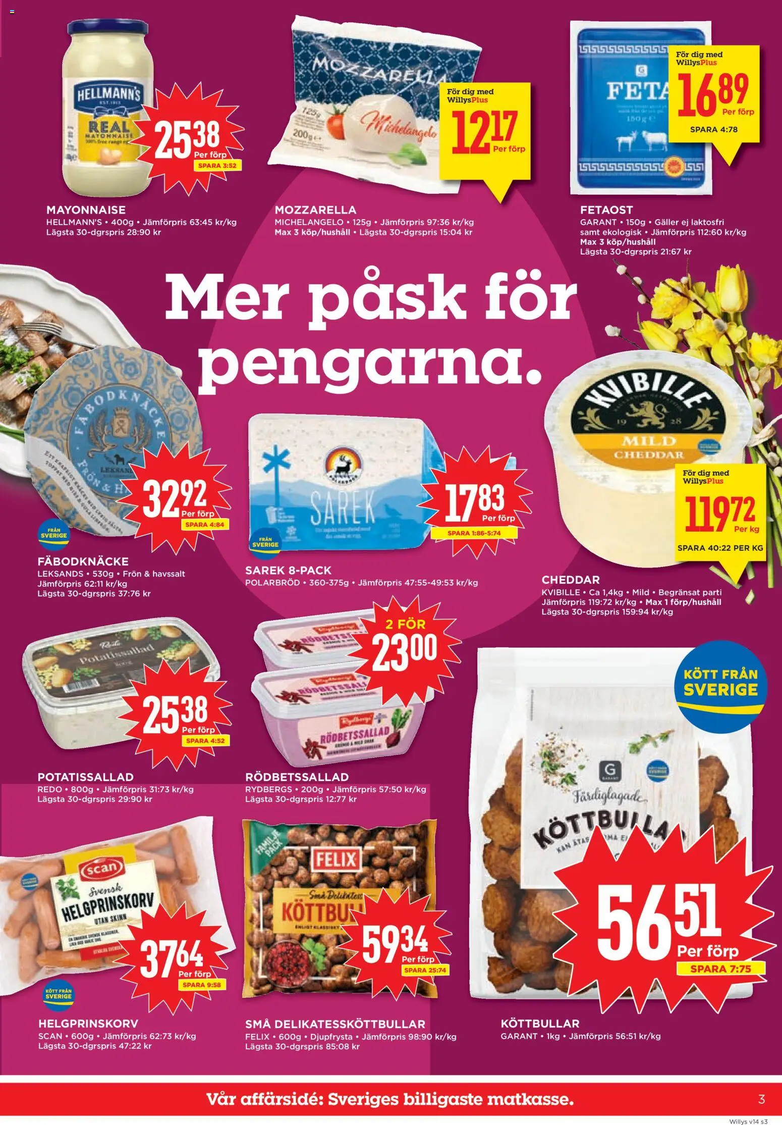 Willys reklamblad aktuell från 30.03.2026 | Sida: 3 | Produkter: Potatissallad, Rödbetssallad, Köttbullar, Fetaost