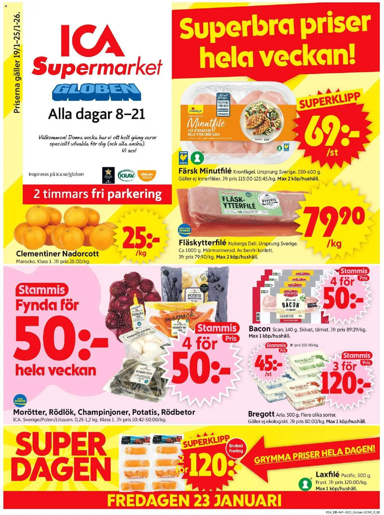 ICA Supermarket reklamblad aktuell från 19.01.2026 | Sida: 1 | Produkter: Bacon, Fläskytterfilé, Bregott, Fläsk