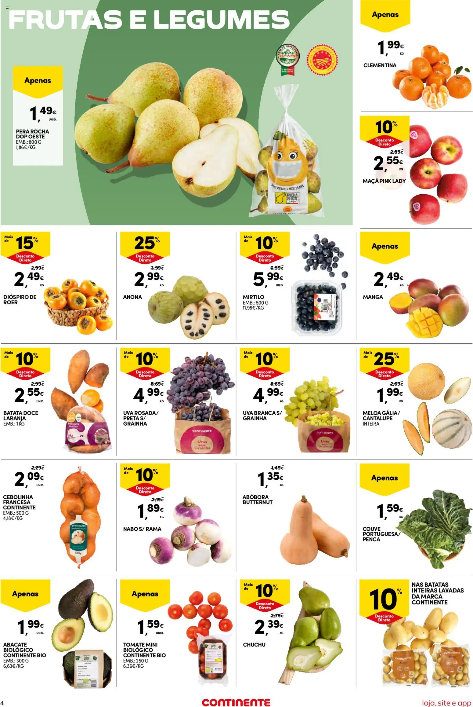 Continente Semanal Continente Bom Dia │ válido de 13.01.2026 | Página: 4 | Produtos: Maça, Abacate, Abóbora, Chuchu