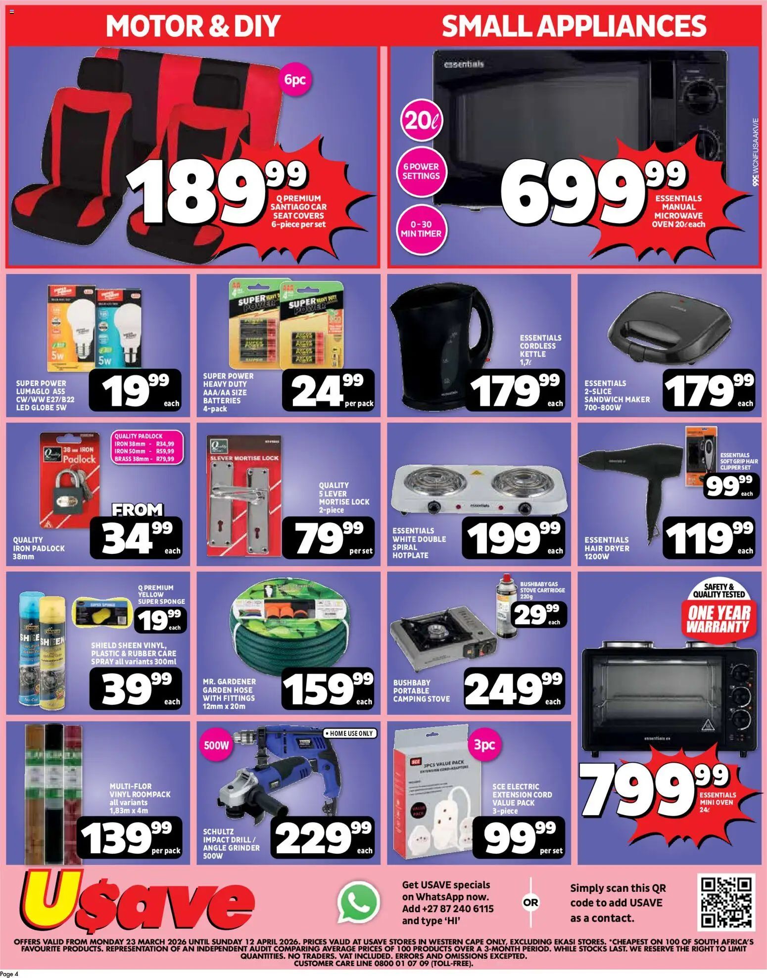 New Usave catalogue – valid from 23.03.2026 | Page: 4 | Products: Timer, Grinder, Hair dryer, Angle grinder