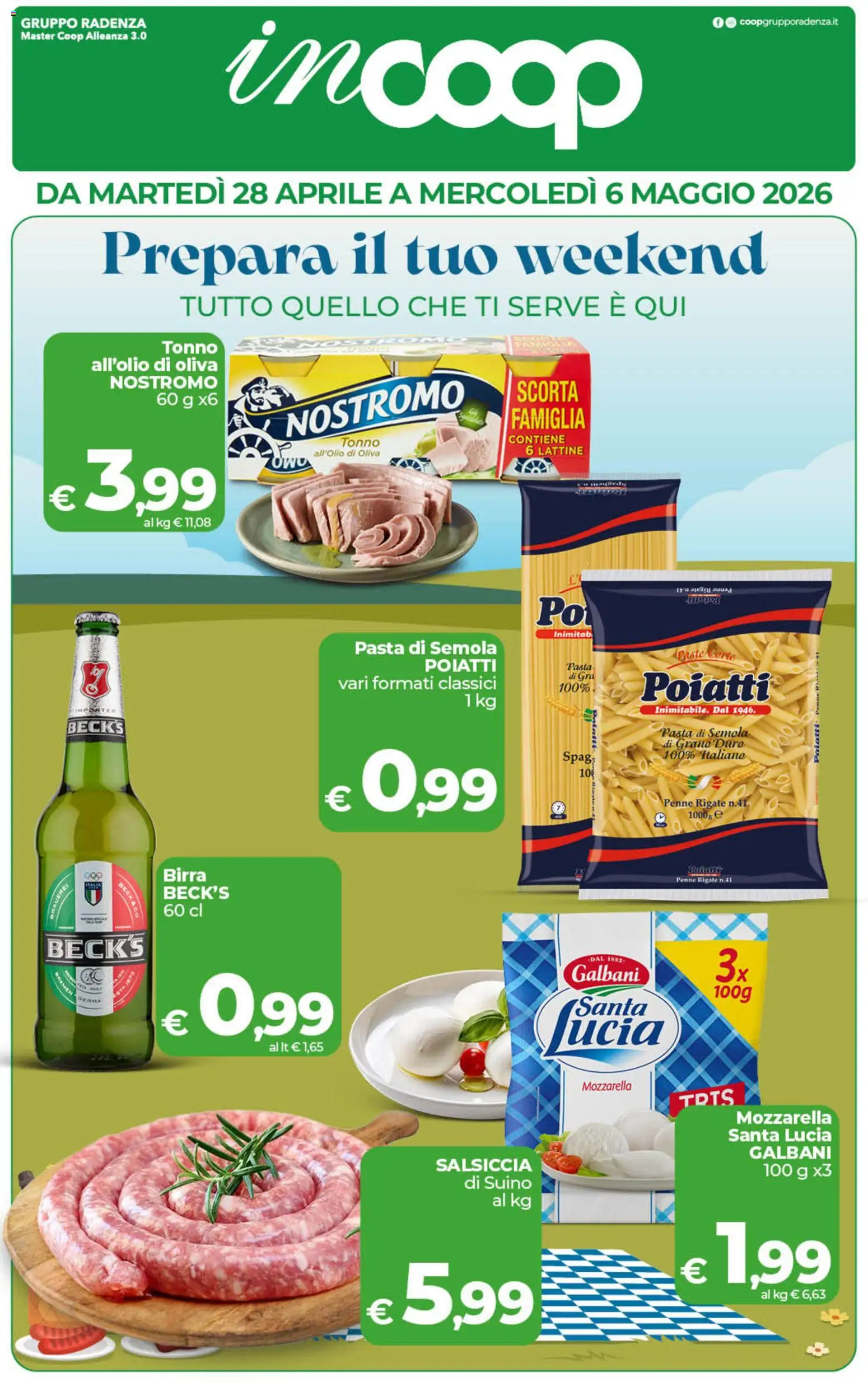 Volantino COOP del 28.04.2026 | Pagina: 1 | Prodotti: Birra, Suino, Mozzarella, Tonno