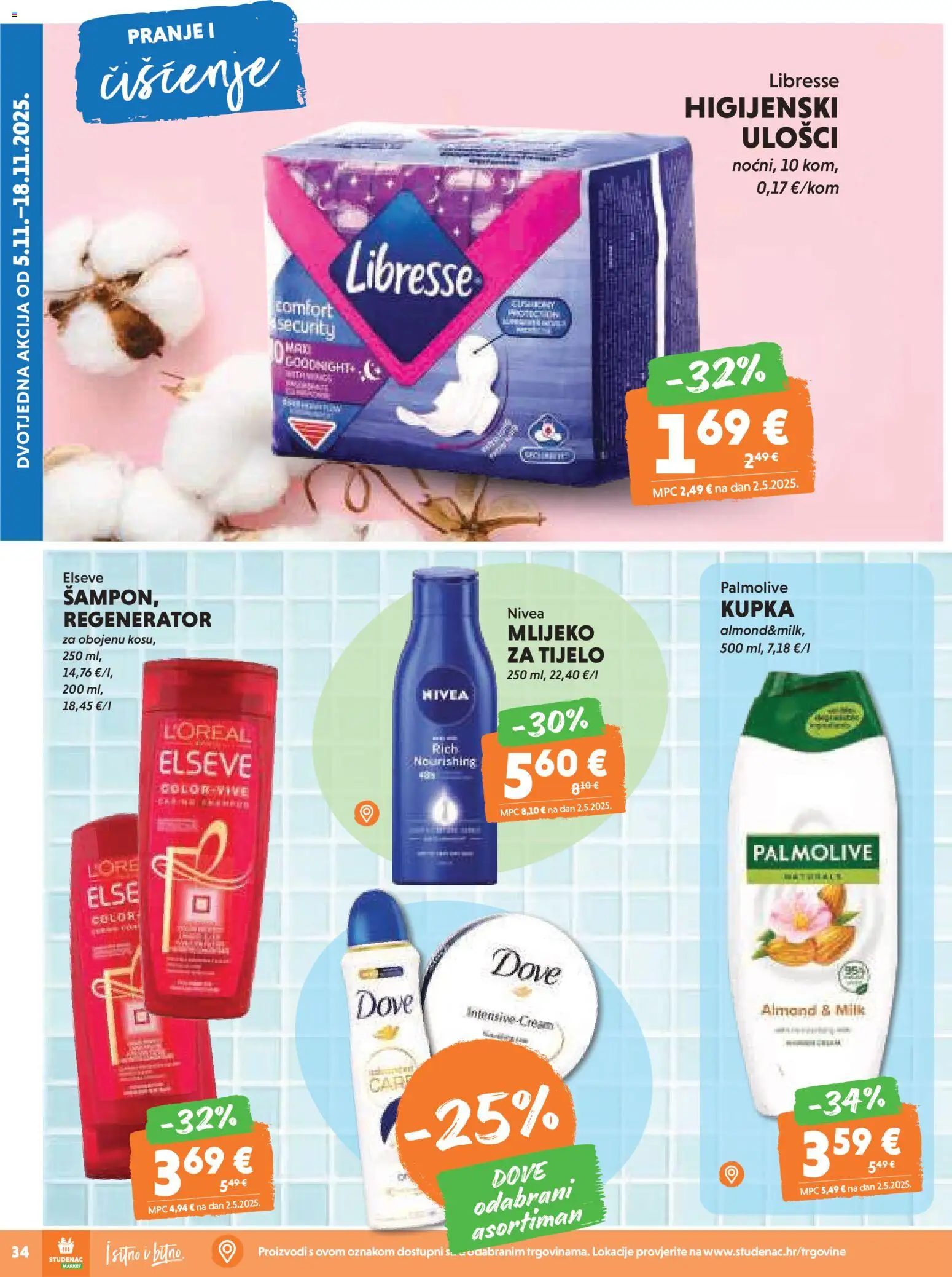 Studenac katalog | vrijedi od 05.11.2025 | Stranica: 34 | Proizvodi: Kupka, Regenerator, Dove, Libresse