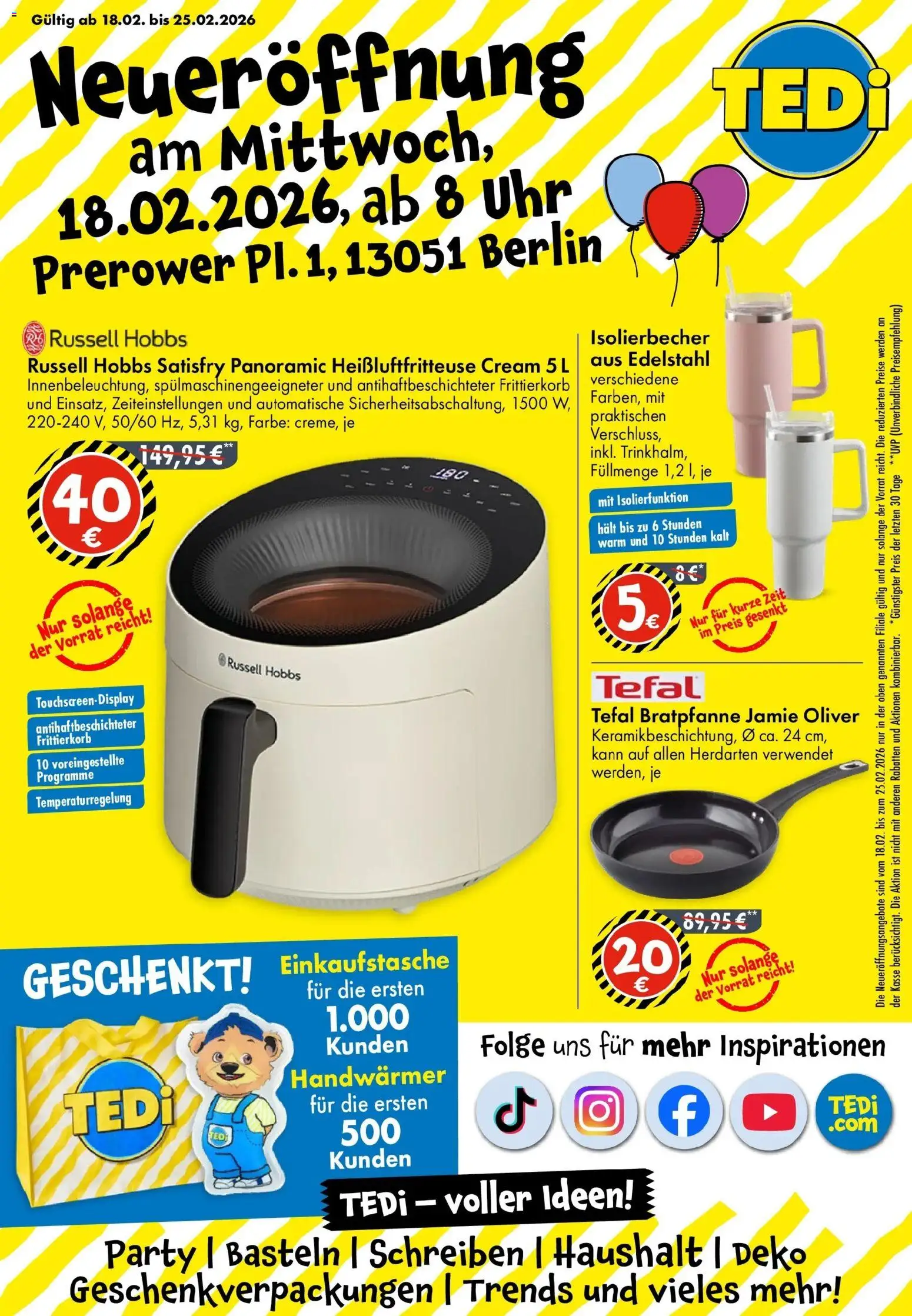 TEDi Neueröffnung Berlin Prerower Pl. 1 – gültig ab 18.02.2026 | Seite: 1 | Produkte: Heißluftfritteuse, Uhr