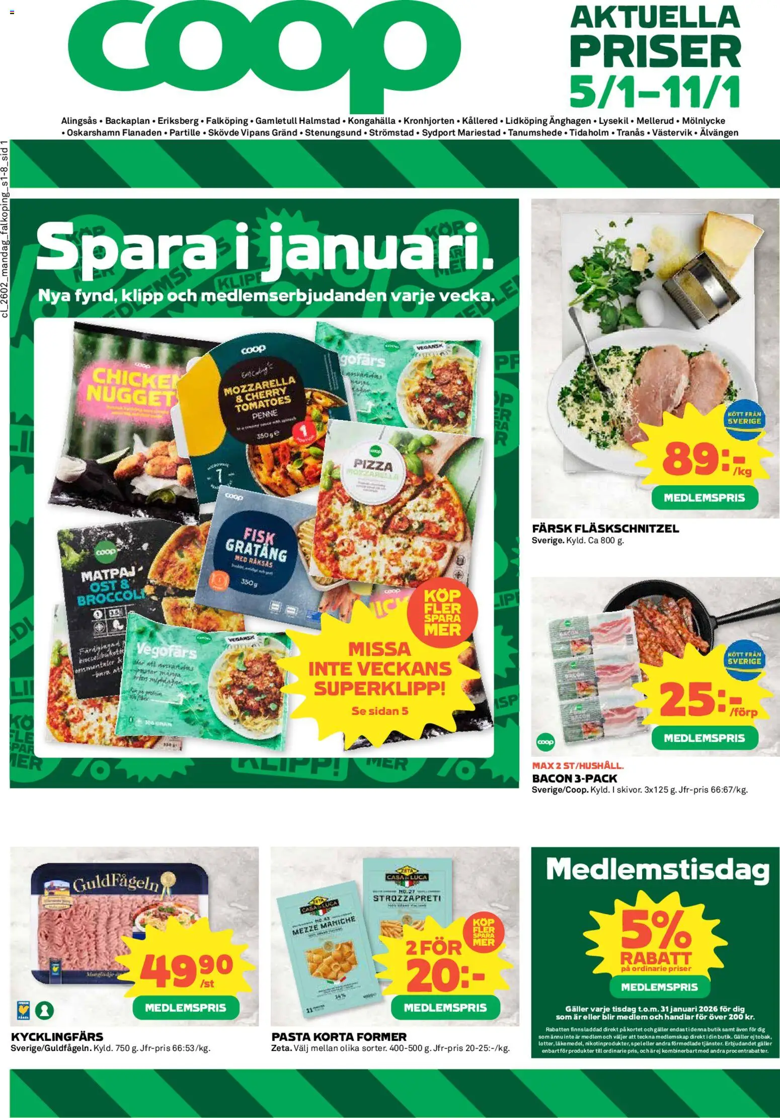 Coop reklamblad aktuell från 05.01.2026 | Sida: 1 | Produkter: Bacon, Vegofärs, Ost, Broccoli