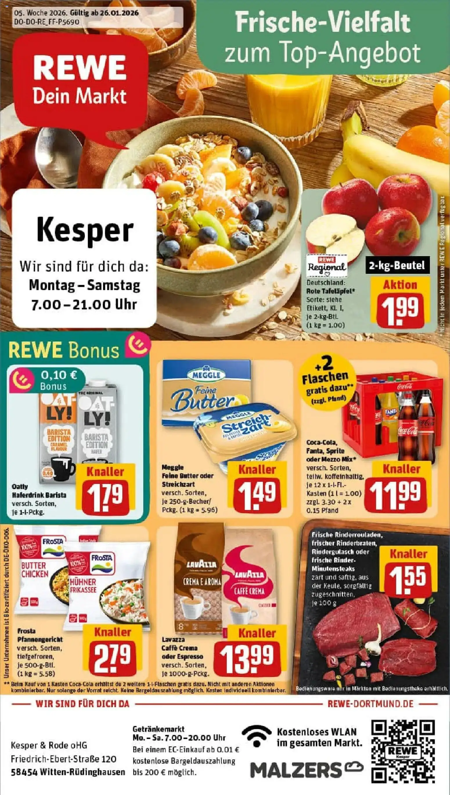 Rewe prospekt Witten	 – gültig ab 26.01.2026 | Seite: 1 | Produkte: Rindergulasch, Butter, Haferdrink, Oatly