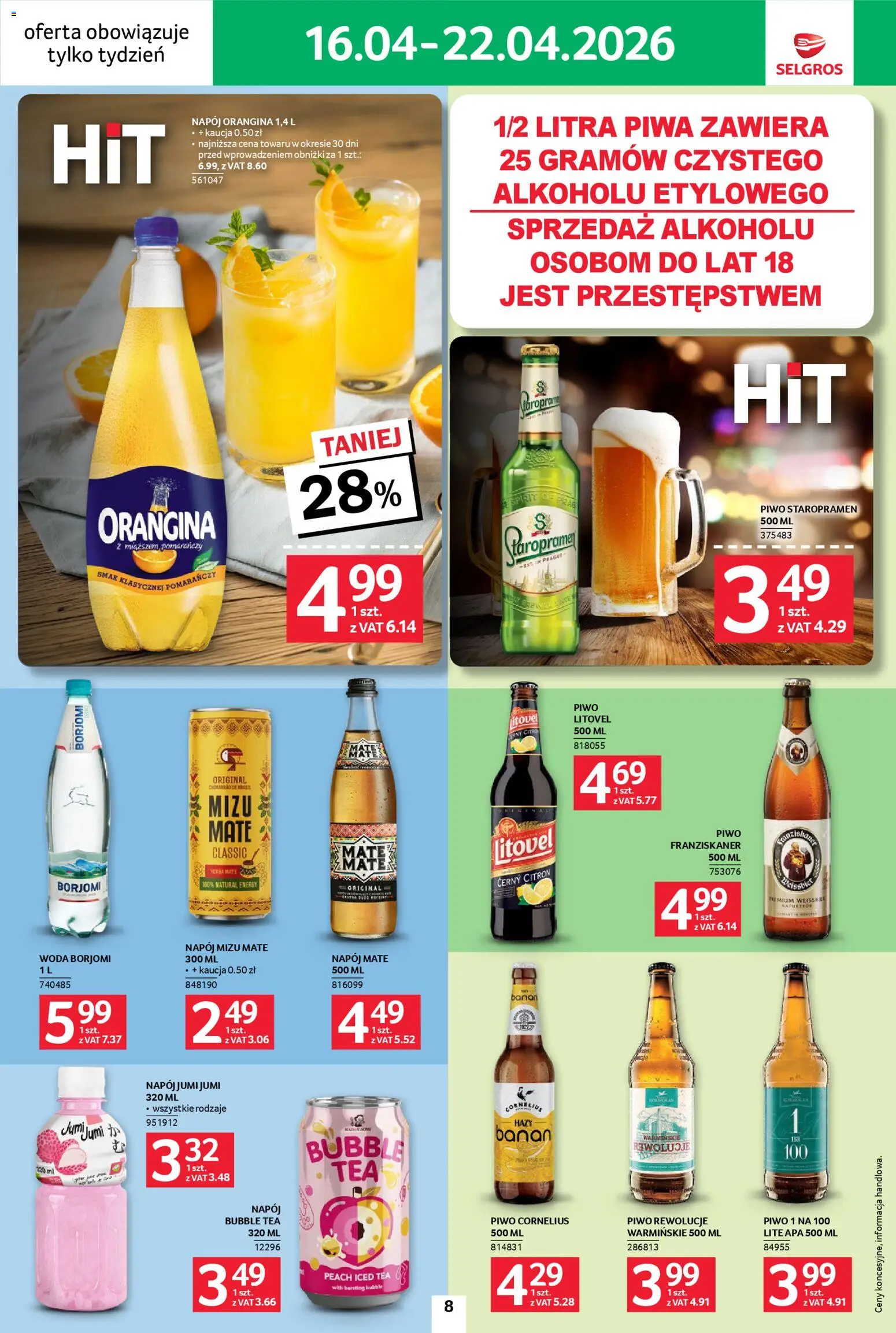 Selgros cash&carry gazetka - Jeszcze więcej super promocji od 16.04.2026 | Strona: 8 | Produkty: Piwo Staropramen, Banan, Woda, Yerba mate