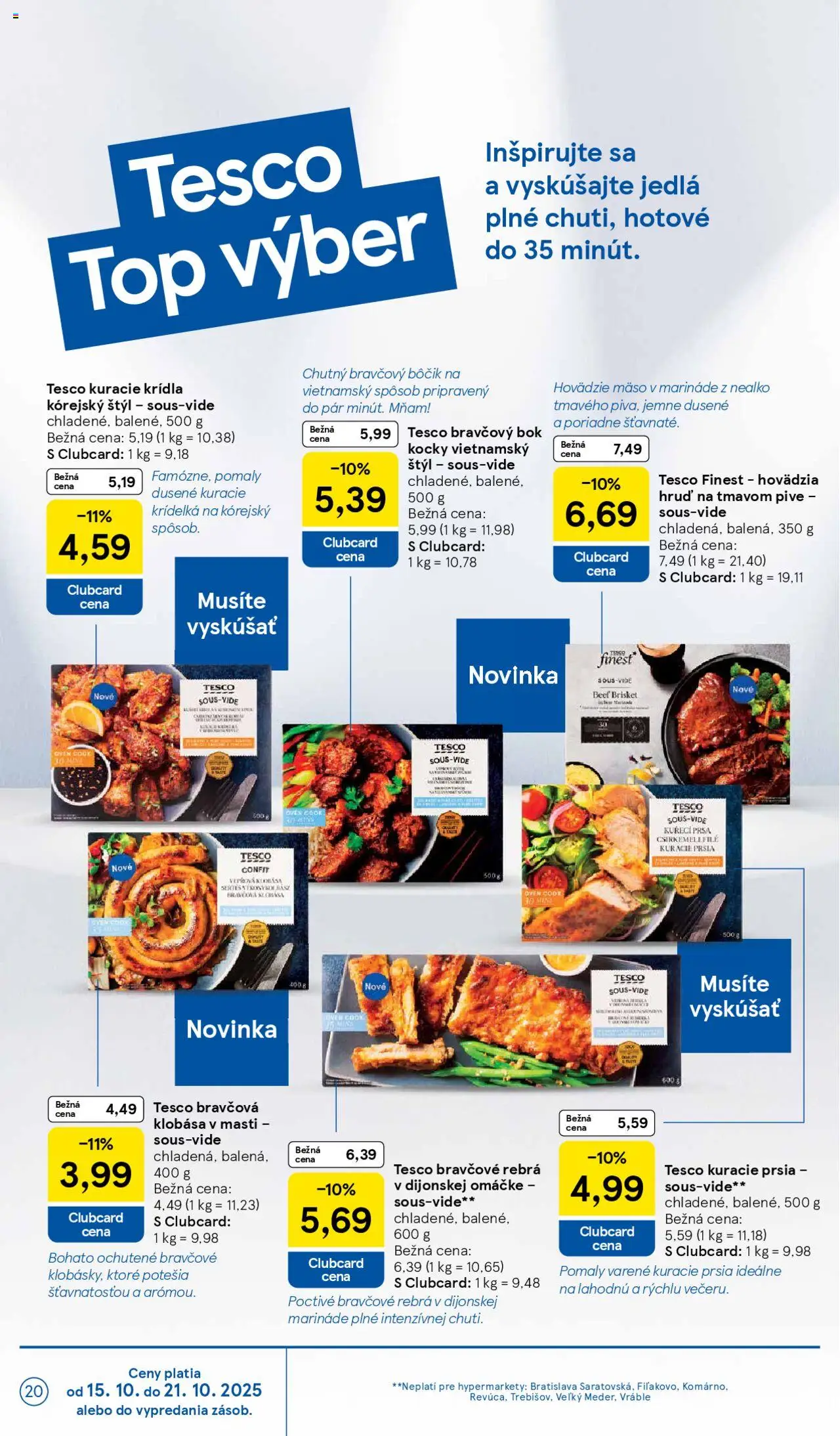 Nové Tesco akcie – leták je platný od 15.10.2025 | Strana: 20 | Produkty: Klobása, Hovädzie mäso, Bravčový bôčik, Kuracie krídla