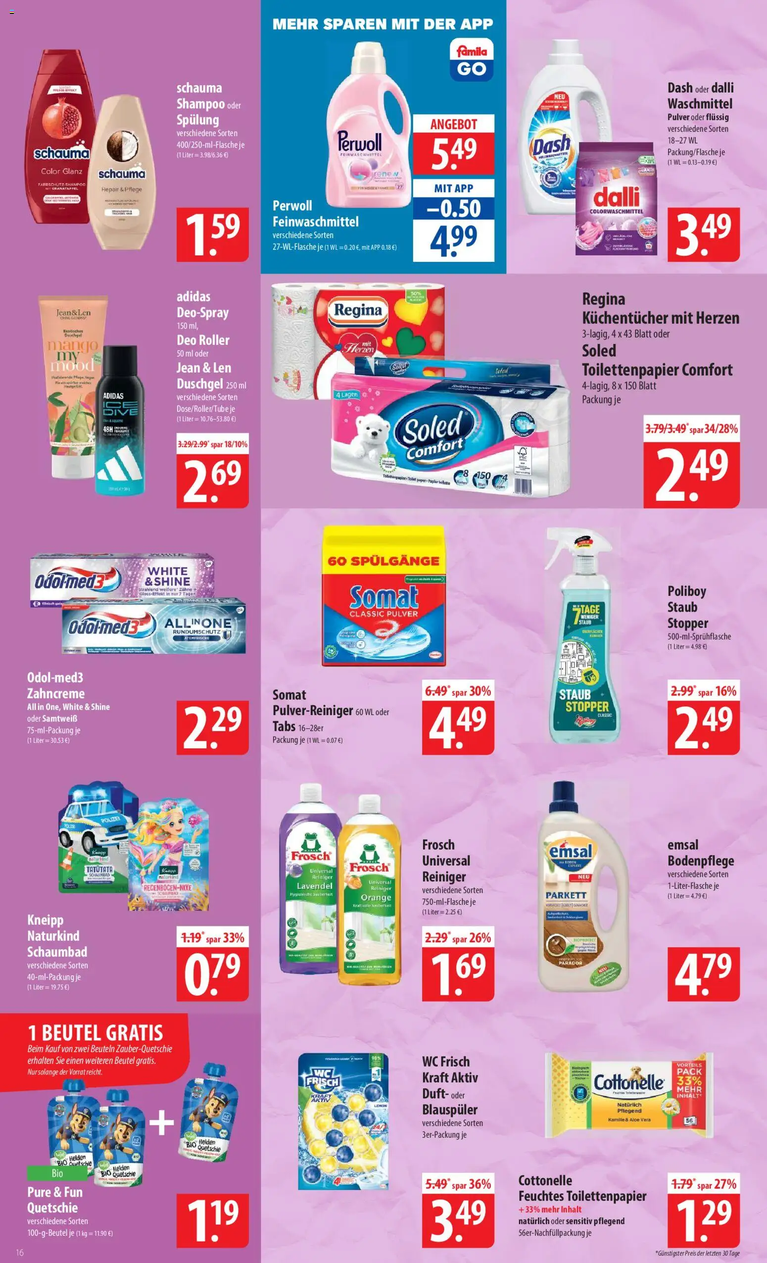 Famila Prospekt 	 – gültig ab 30.03.2026 | Seite: 16 | Produkte: Shampoo, Spülung, Wc frisch, Deospray