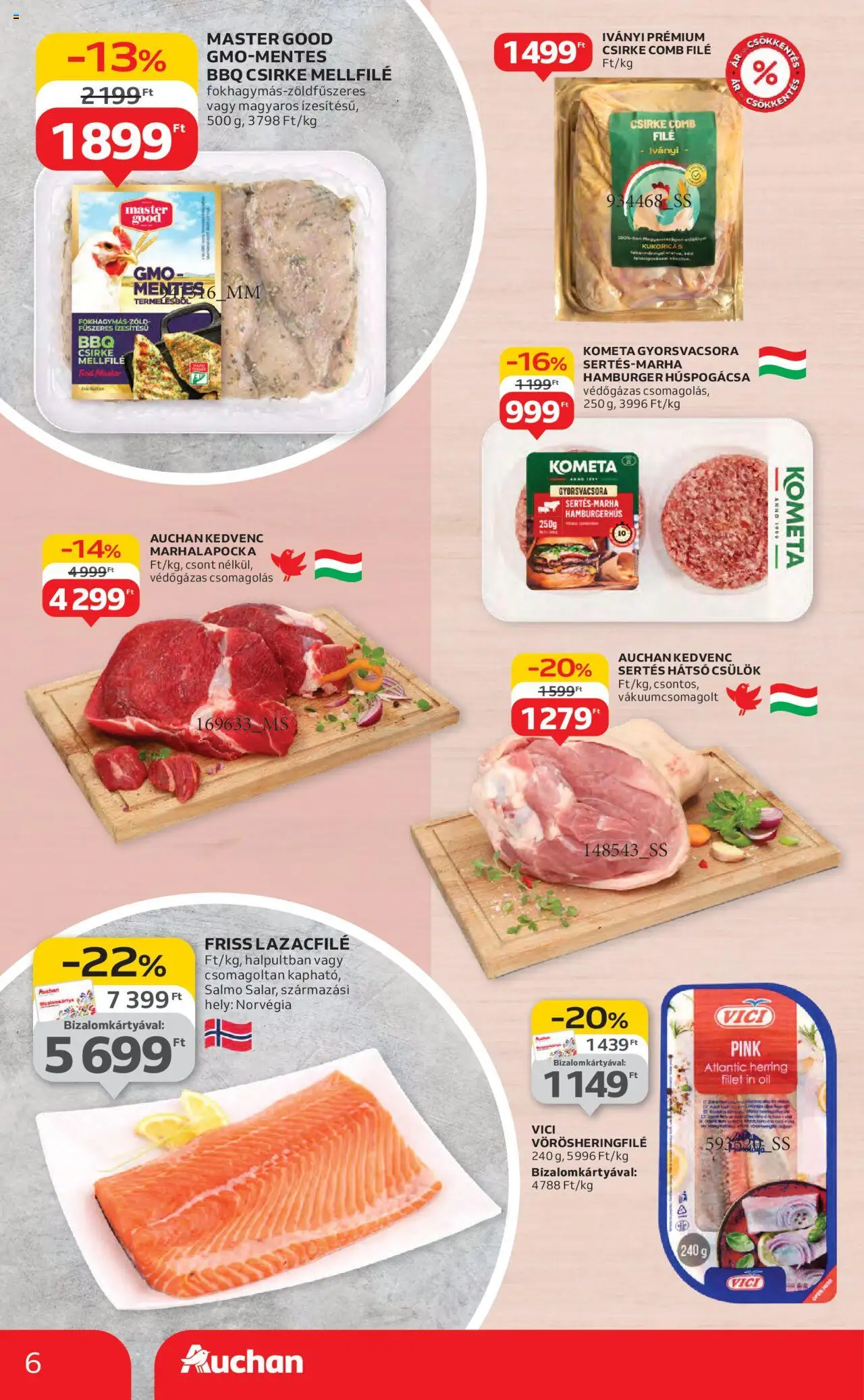 Auchan akciós ujság - amely érvényes a következő dátumtól: 14.08.2025 | Oldal: 6 | Termékek: Hamburger, Lazacfilé