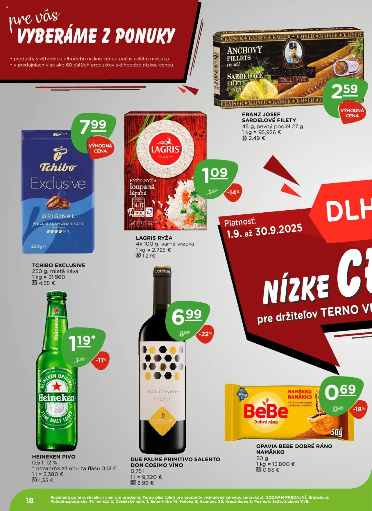 Nové Terno akcie – leták je platný od 11.09.2025 | Strana: 18 | Produkty: BeBe Dobré ráno, Pivo, Víno, Ryža