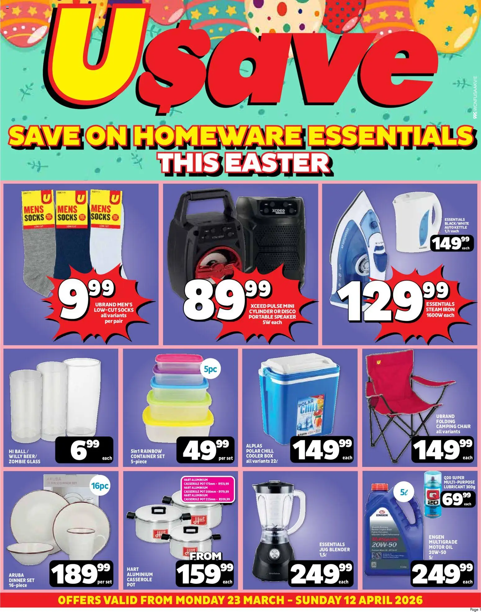 New Usave catalogue – valid from 23.03.2026 | Page: 1 | Products: Socks, Box, Blender, Oil