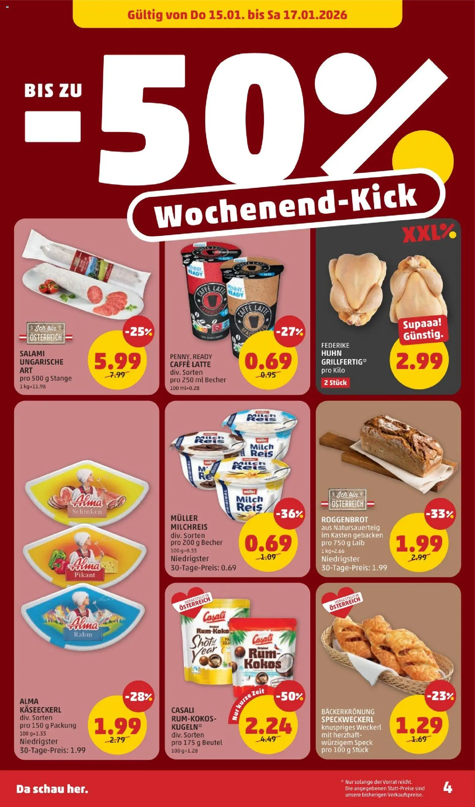 Penny Markt Flugblatt gültig ab 15.01.2026 | Seite: 4 | Produkte: Milch, Salami, Schinken, Reis