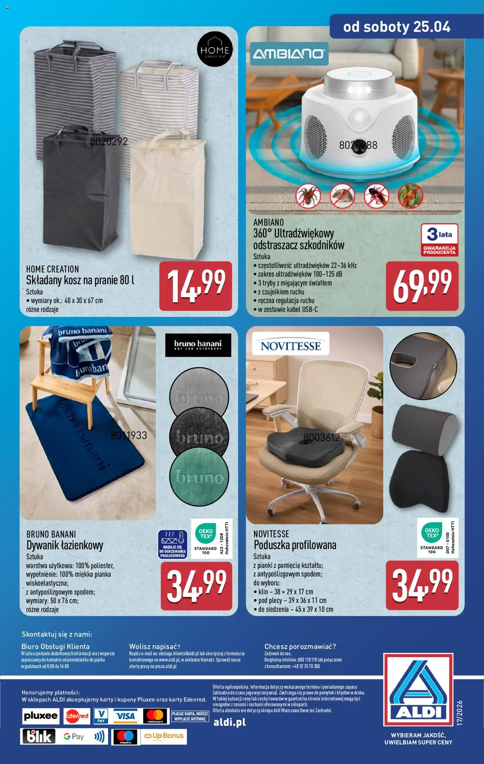 Aldi gazetka - Hity od Środy i od Soboty od 22.04.2026 | Strona: 17 | Produkty: Kabel, Dywanik łazienkowy, Składany kosz na pranie, Poduszka