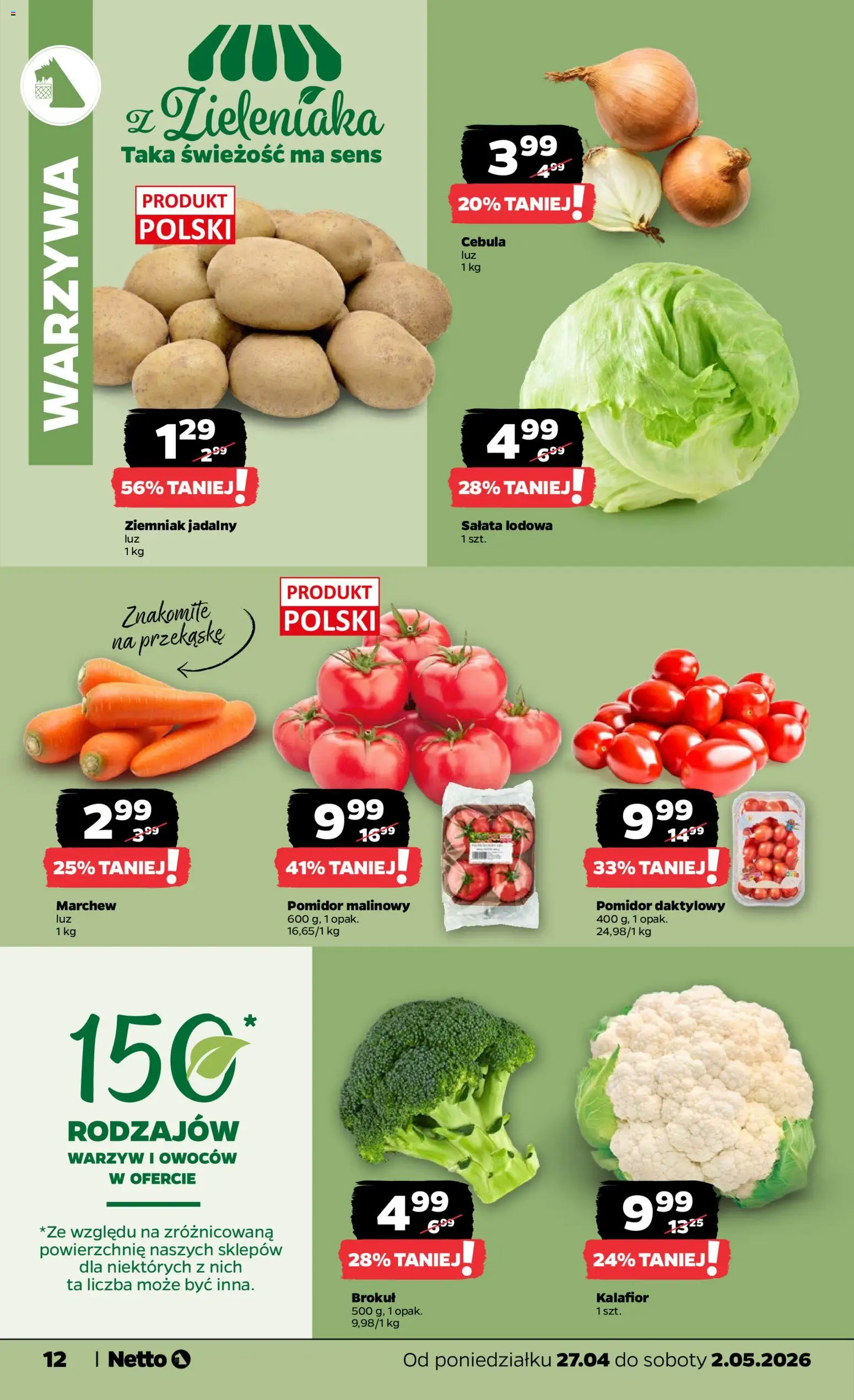 Netto gazetka od poniedziałku spożywcza od 27.04.2026 | Strona: 12 | Produkty: Pomidor malinowy, Kalafior, Brokuł, Warzywa