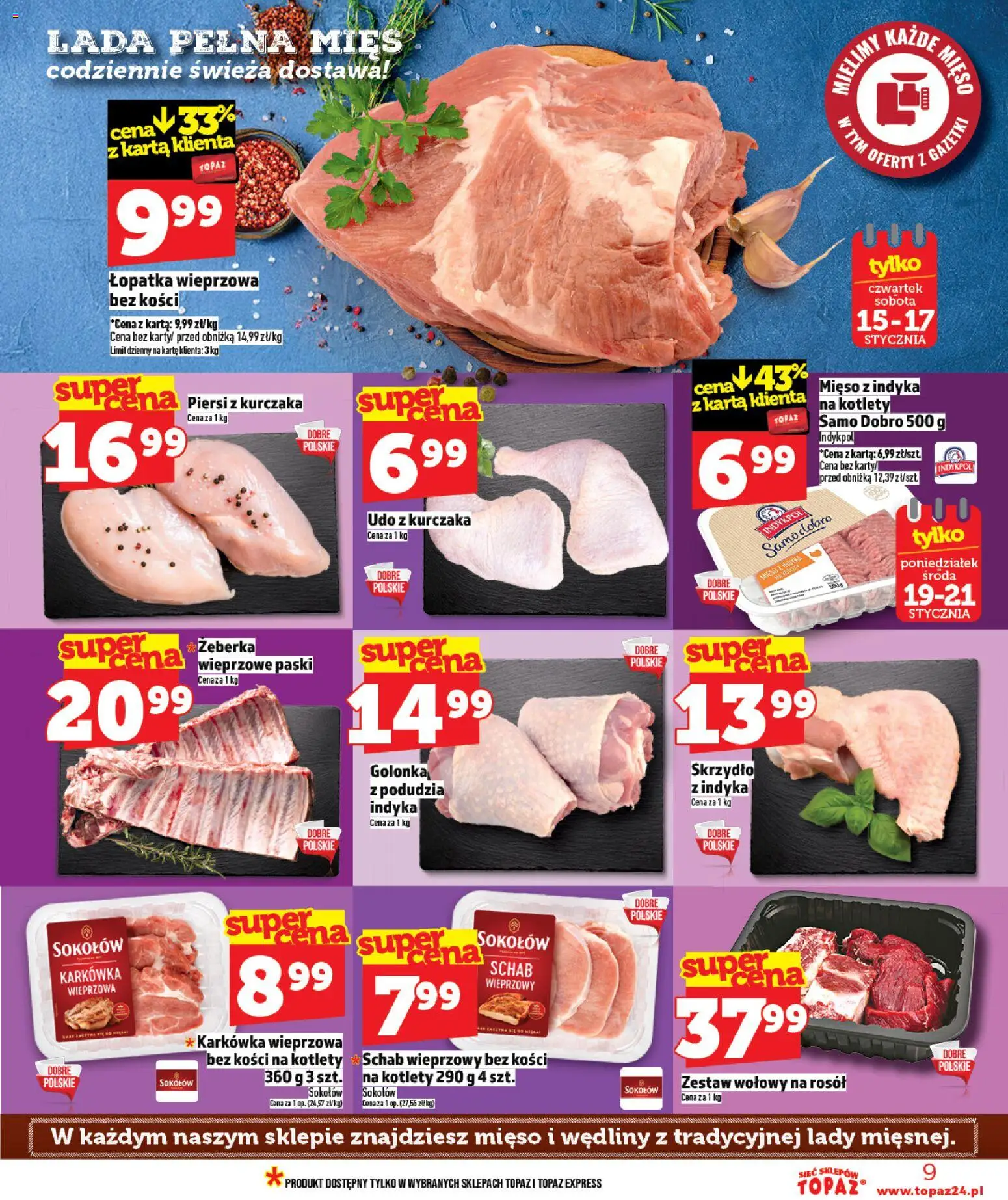 Topaz Gazetka MAZ od 15.01.2026 | Strona: 9 | Produkty: Karta, Karkówka, Mięso z indyka, Łopatka wieprzowa