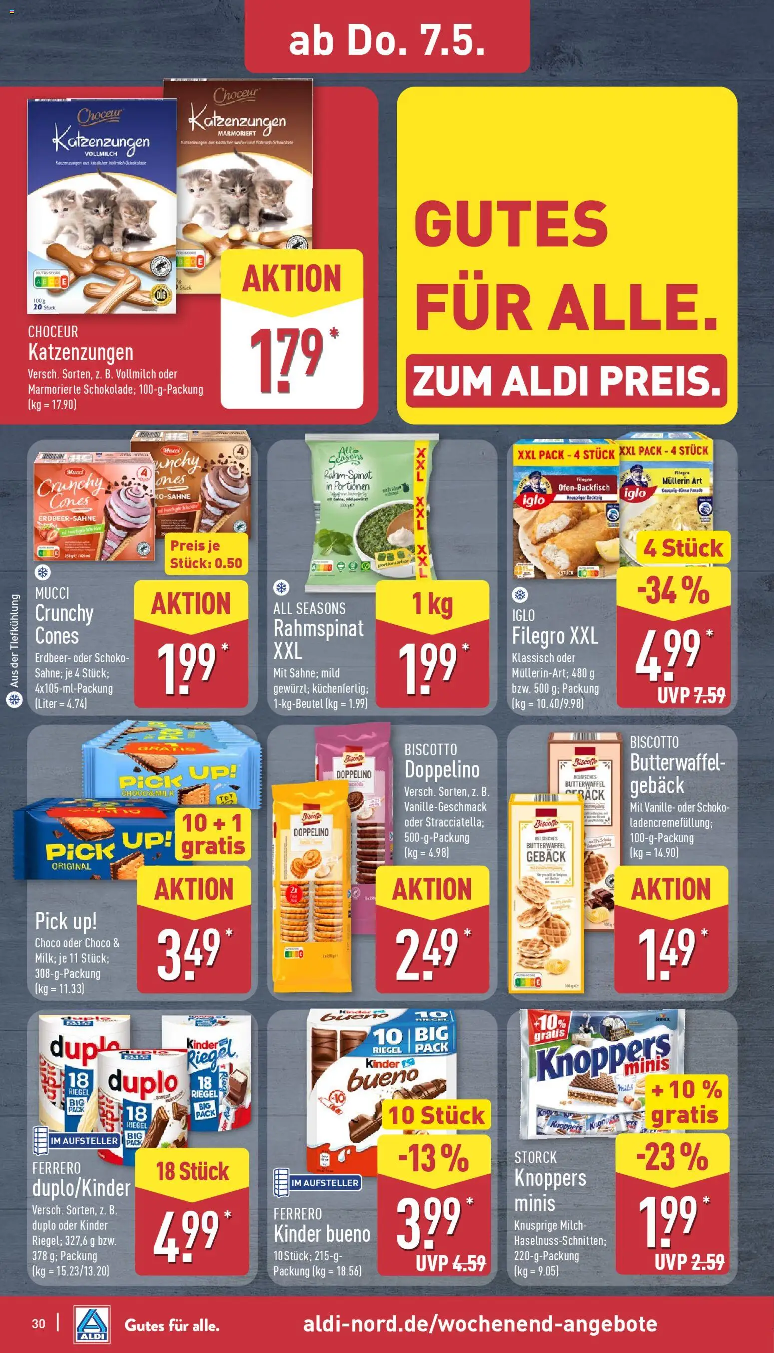 Aldi Prospekt 	 – gültig ab 04.05.2026 | Seite: 30 | Produkte: Milch, Schokolade, Iglo, Kinder bueno