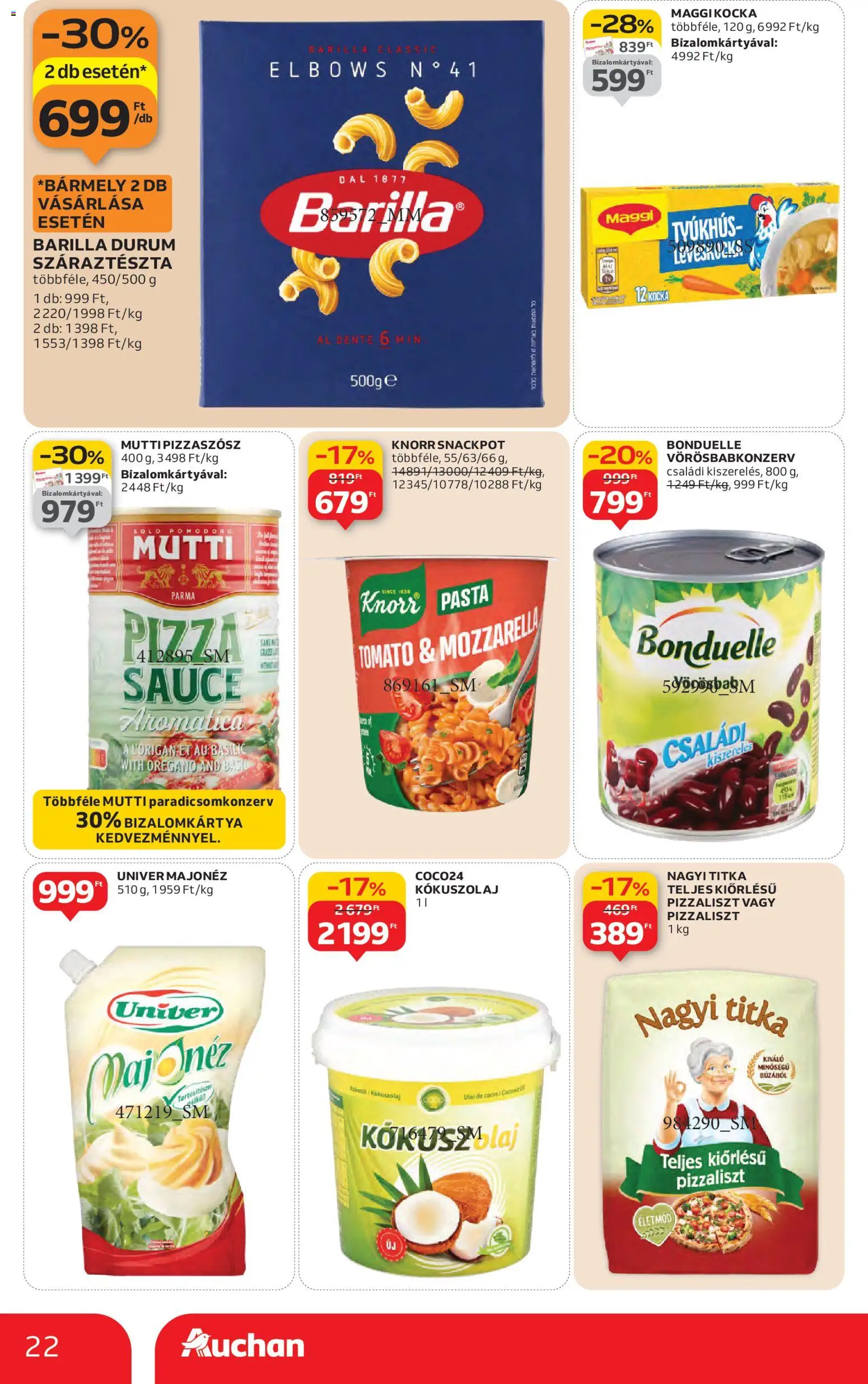 Auchan akciós ujság - amely érvényes a következő dátumtól: 22.01.2026 | Oldal: 22 | Termékek: Mozzarella, Oregánó, Száraztészta, Majonéz