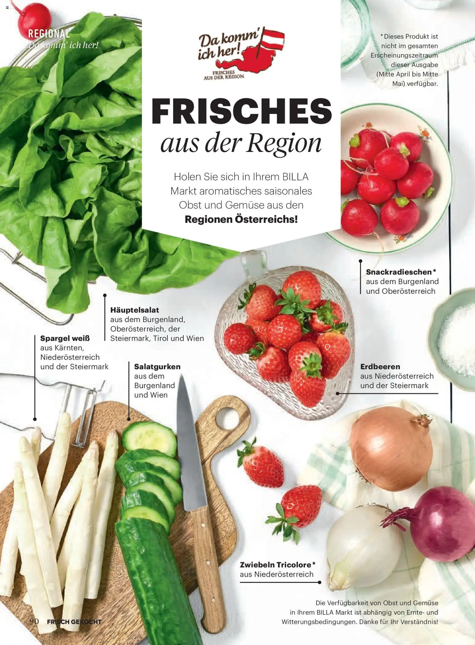 Billa Frisch Gekocht gültig ab 01.05.2026 | Seite: 90 | Produkte: Erdbeeren, Zwiebeln, Gemüse, Obst
