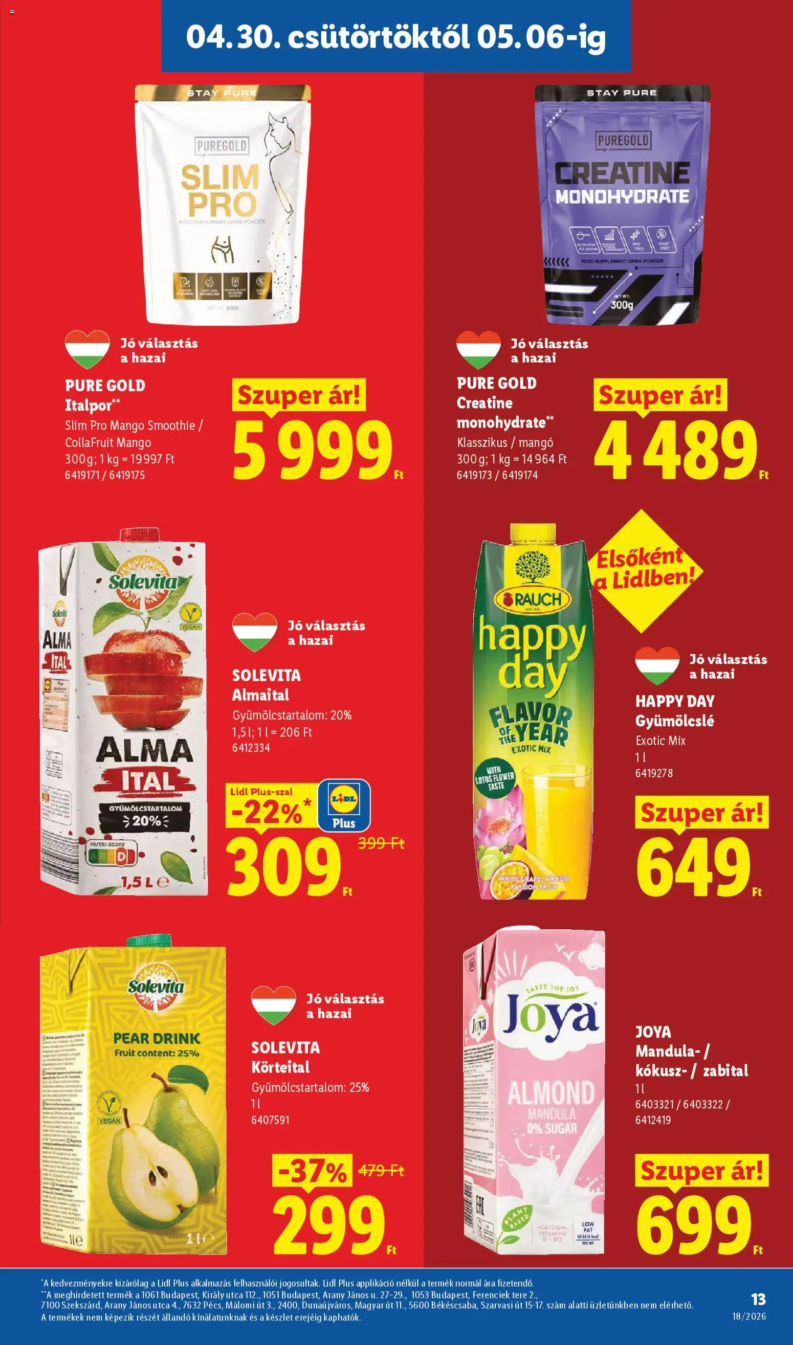 Lidl akciós ujság - amely érvényes a következő dátumtól: 30.04.2026 | Oldal: 13 | Termékek: Mandula, Protein, Vegán, Smoothie